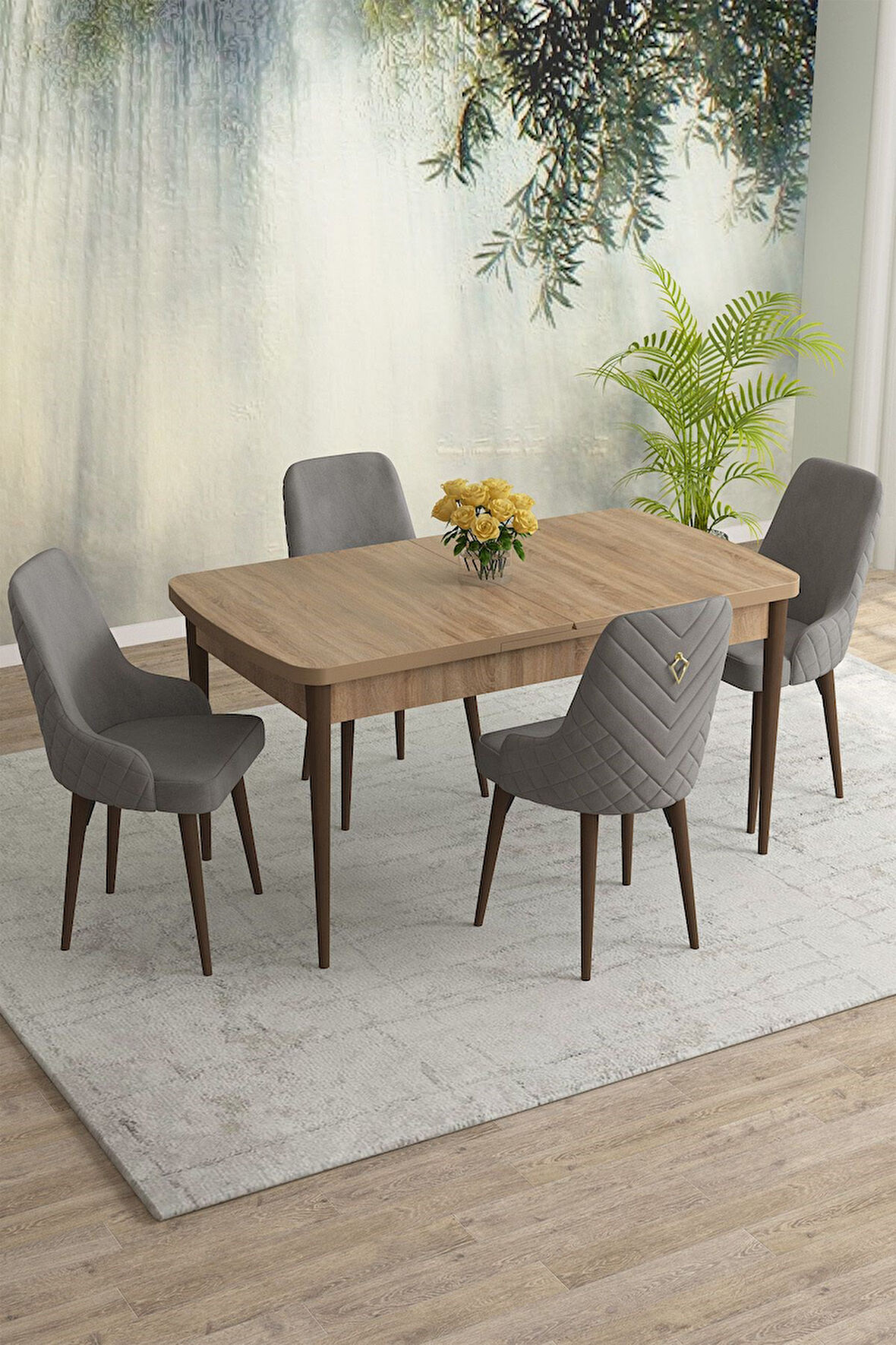 Meri Serisi Meşe Desen 80x132 Açılabilir Mdf Masa Yemek Odası Takımı, Mutfak Takımı 4 Adet Sandalye