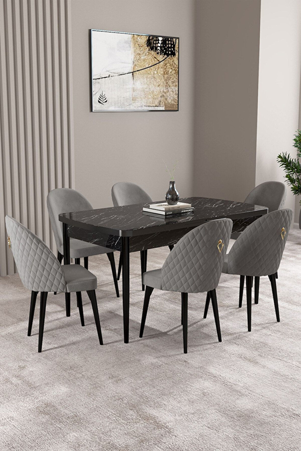 Milas Siyah Mermer Desen 80x132 Açılabilir Mdf Masa Yemek Odası Takımı,Mutfak Takımı 6 Adet Sandalye