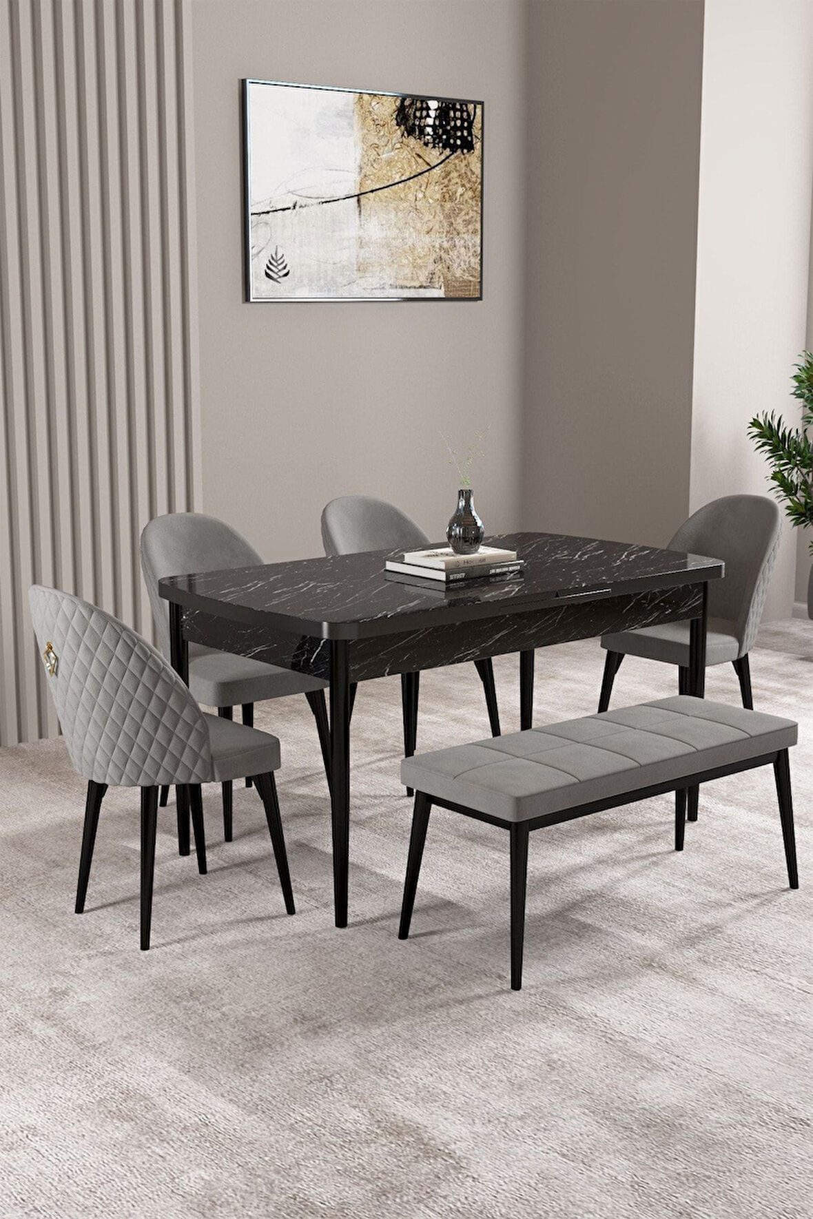 Milas Siyah Mermer Desen 80x132 Açılabilir Mdf Masa Yemek Odası Takımı,Mutfak Takımı 4 Sandalye, 1 B