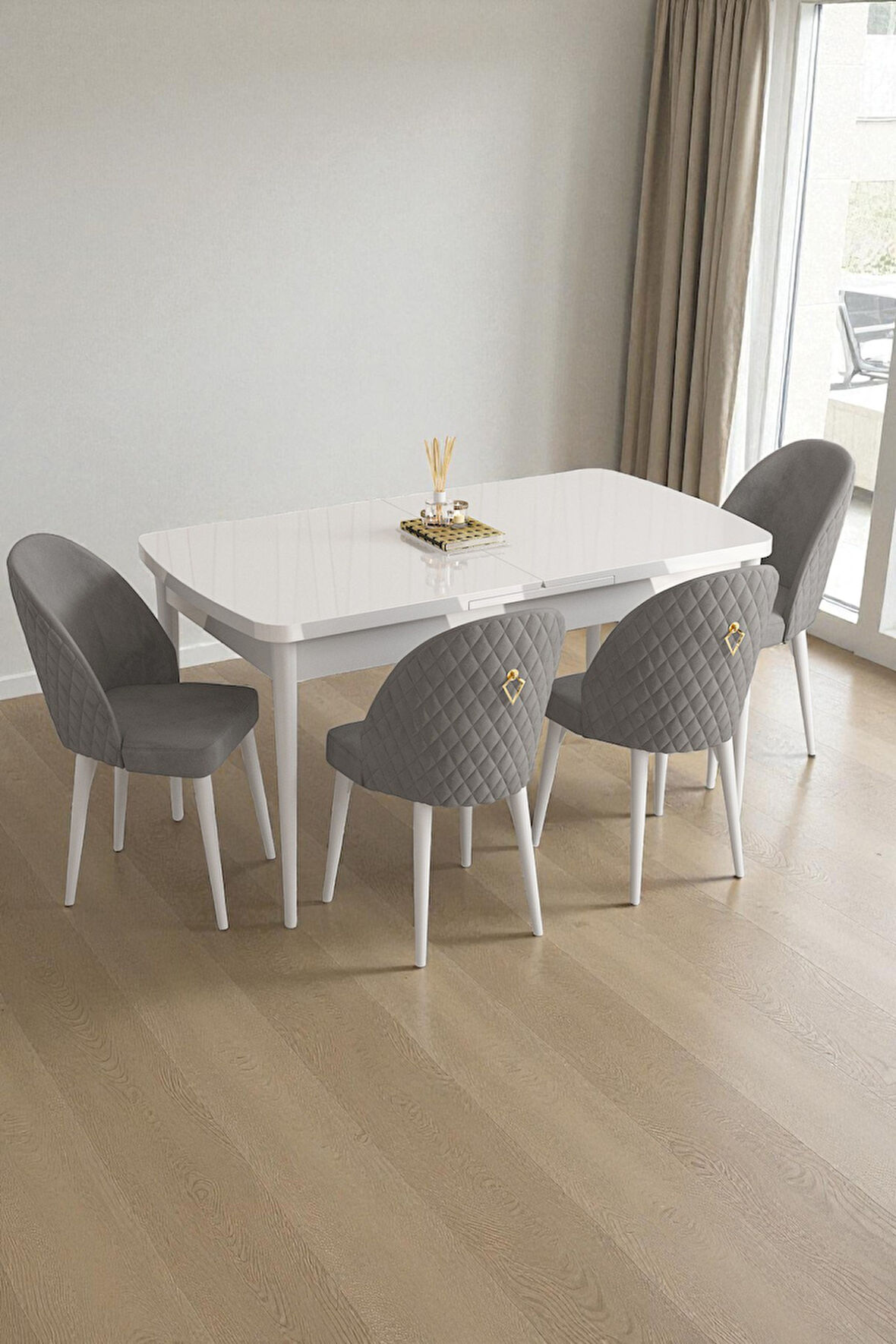 Mura Beyaz 80x132 Açılabilir Mdf Masa Yemek Odası Takımı, Mutfak Takımı 4 Adet Sandalye