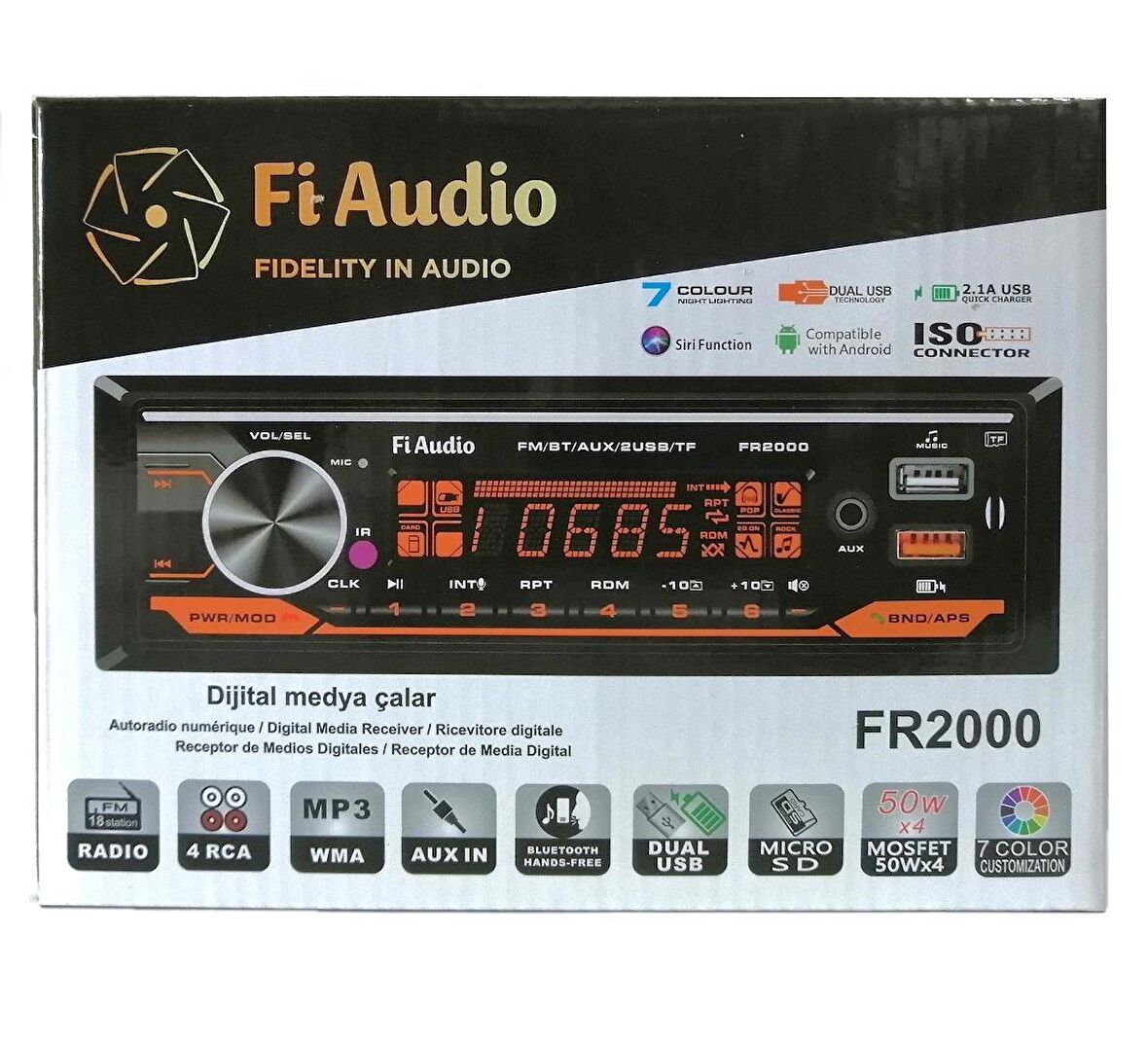 Fİ AUDIO FR-2000 Oto Teyp 4X50 Watt Bluetooth CarLive 2xUsb Sd Fm Aux 2 Amfi Çıkışı