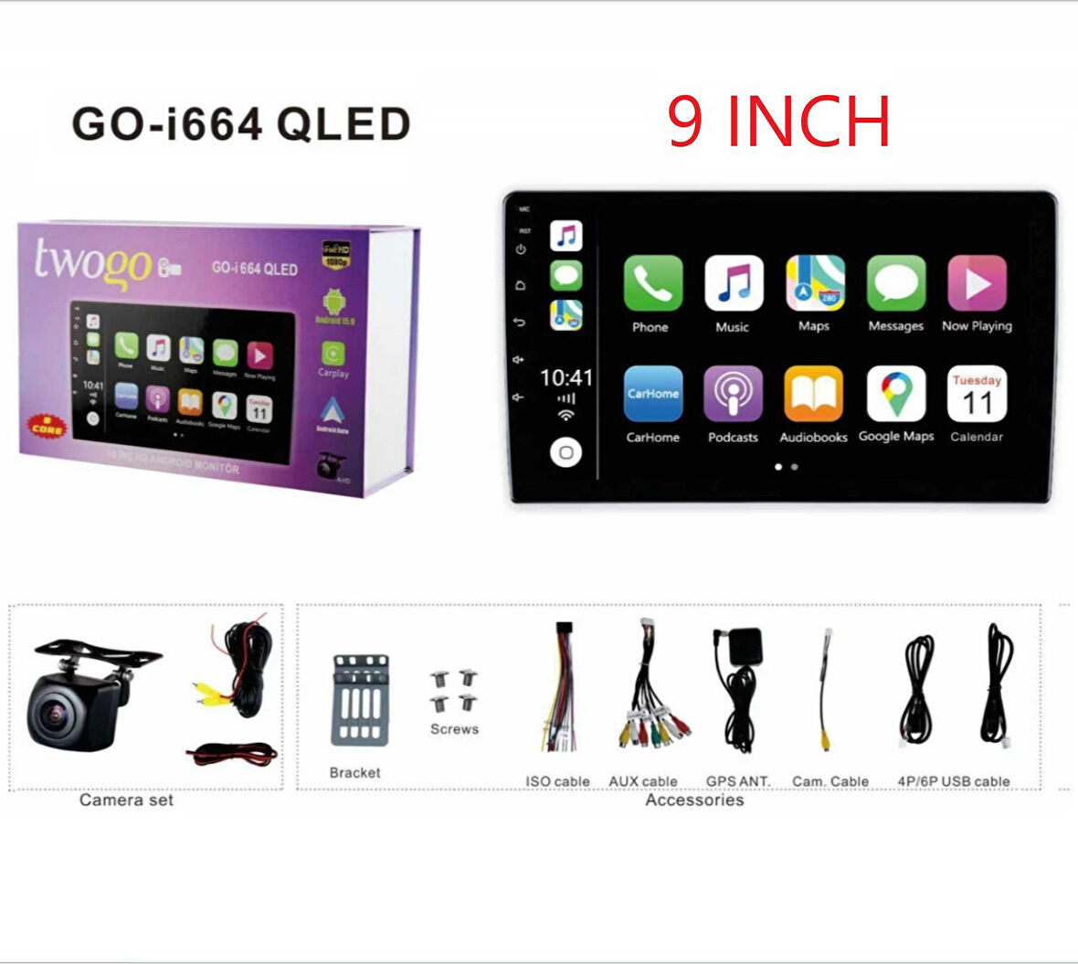 Twogo İ664 QLED 9 Inch Multimedya 4+64Gb 8 Çekirdek Android 15 Carplay Android Auto 4x60W USB/BT/FM