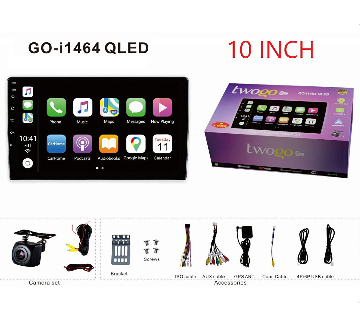 Twogo i1464 QLED 10 Inch Multimedya 4+64Gb 8 Çekirdek Android 15 Carplay Android Auto 4x60W USB/BT/FM