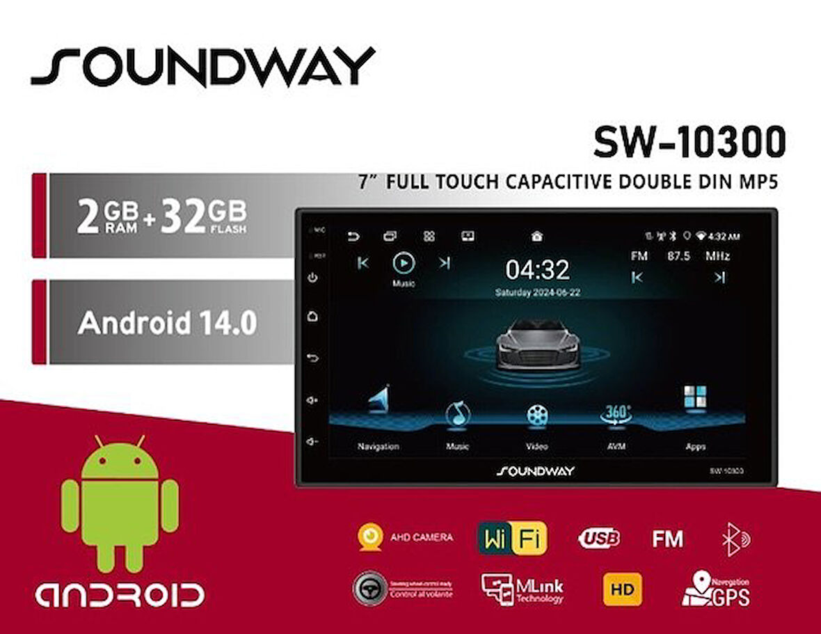 Soundway SW-10300 Android Double Teyp 2+32GB USB/BT/IPS/GPS/WiFİ/Mirror Link/Android 14.0/Geri Görüş