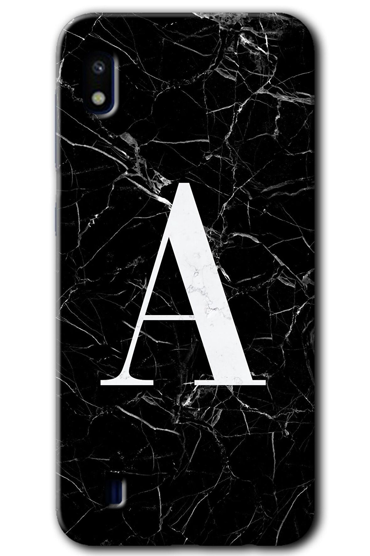 Galaxy A10 Kılıf HD Desen Baskılı Arka Kapak - Siyah Mermer Desenli A Harfi 