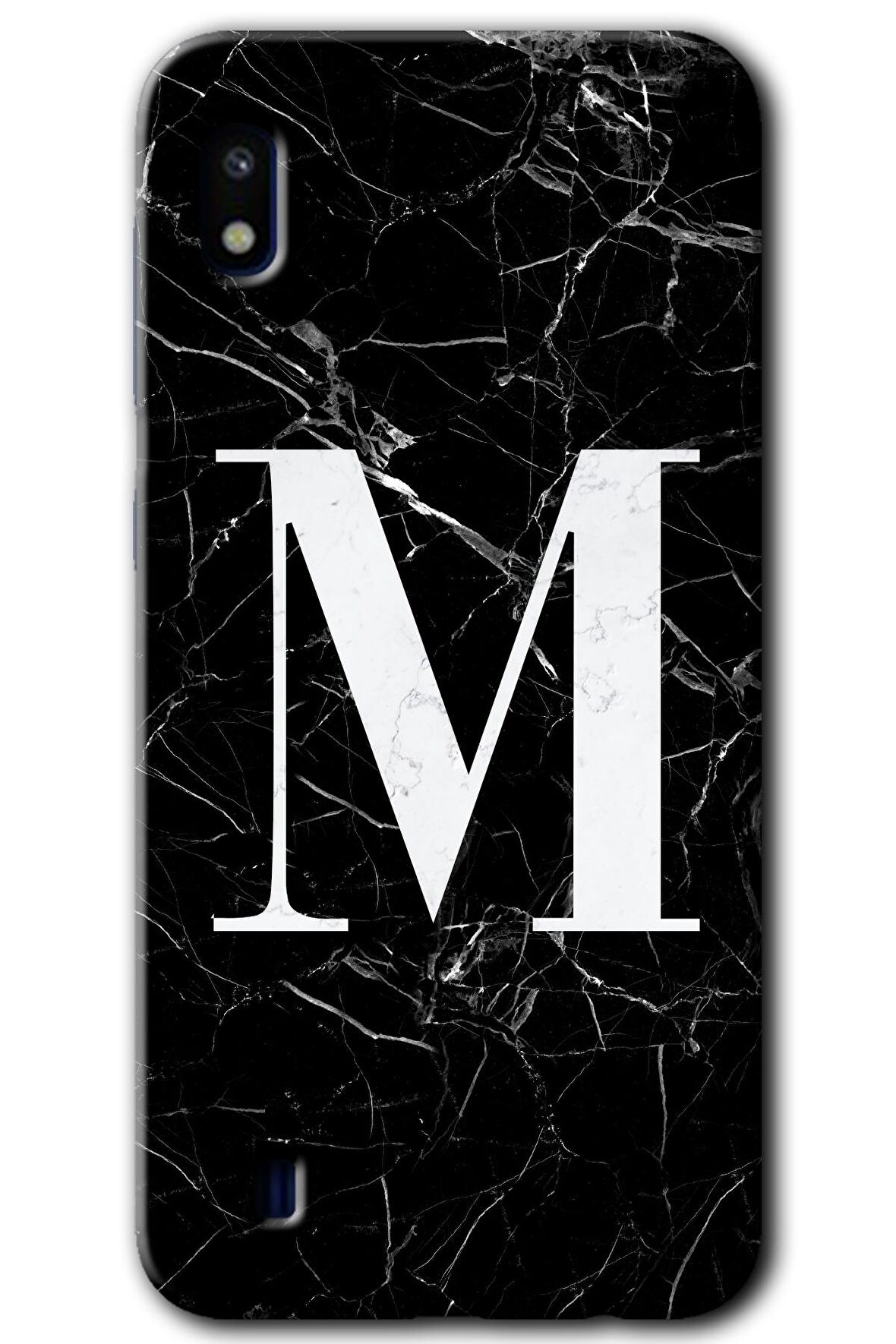 Galaxy A10 Kılıf HD Desen Baskılı Arka Kapak - Siyah Mermer Desenli M Harfi 