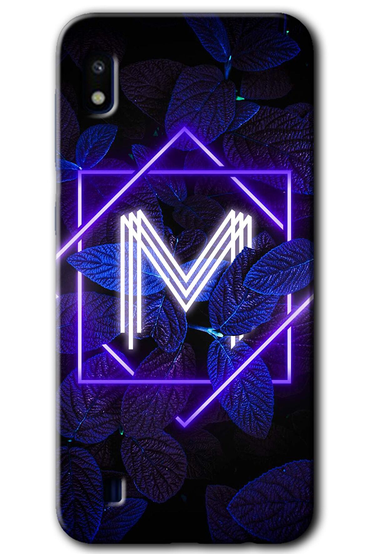 Galaxy A10 Kılıf HD Desen Baskılı Arka Kapak - Dark Neon Yaprak M Harfi 