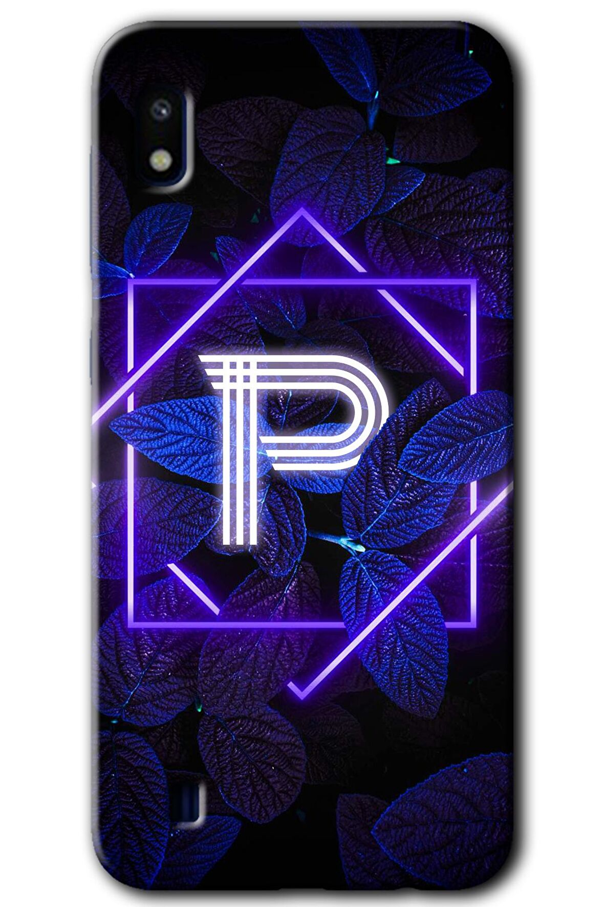 Galaxy A10 Kılıf HD Desen Baskılı Arka Kapak - Dark Neon Yaprak P Harfi 