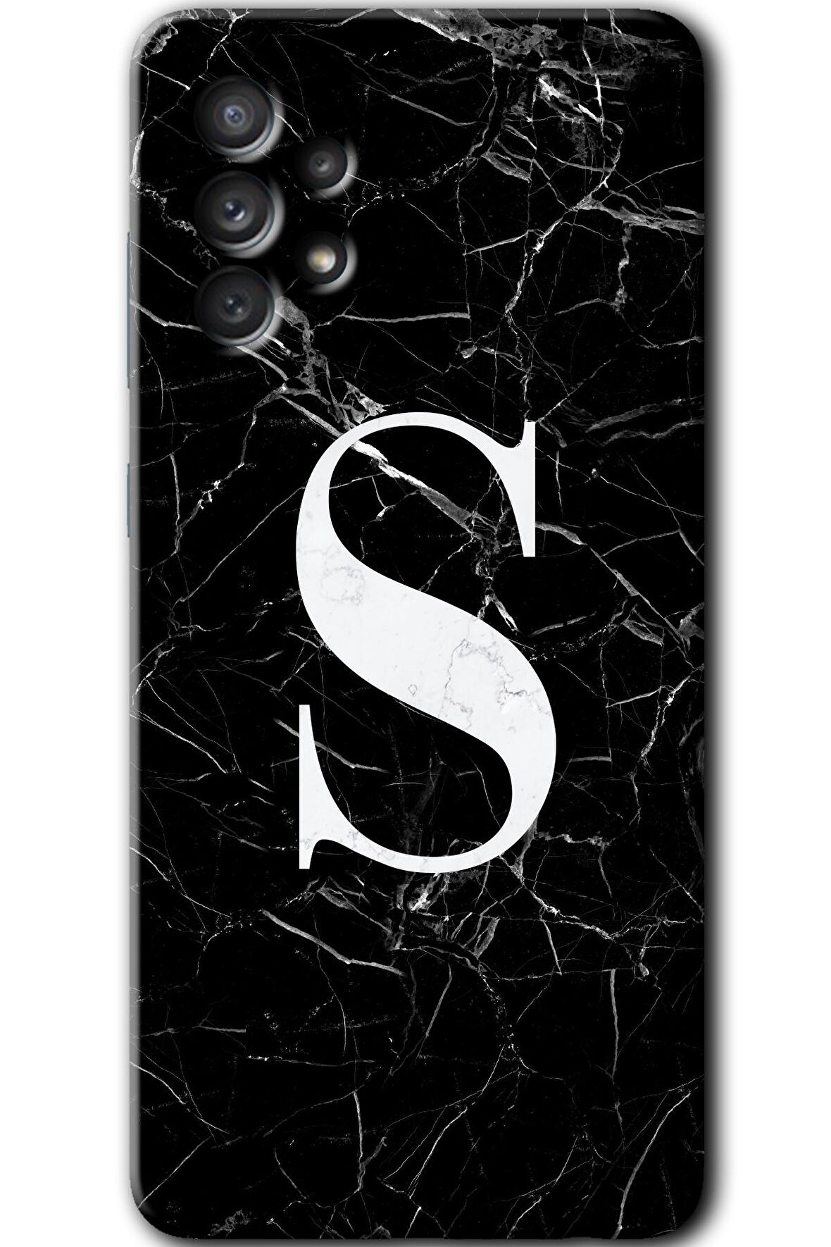 Galaxy A13 Kılıf HD Desen Baskılı Arka Kapak - Siyah Mermer Desenli S Harfi 