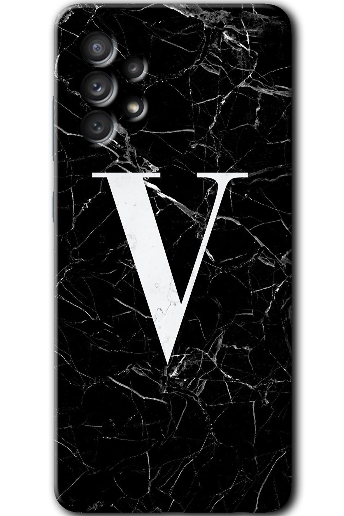 Galaxy A13 Kılıf HD Desen Baskılı Arka Kapak - Siyah Mermer Desenli V Harfi 