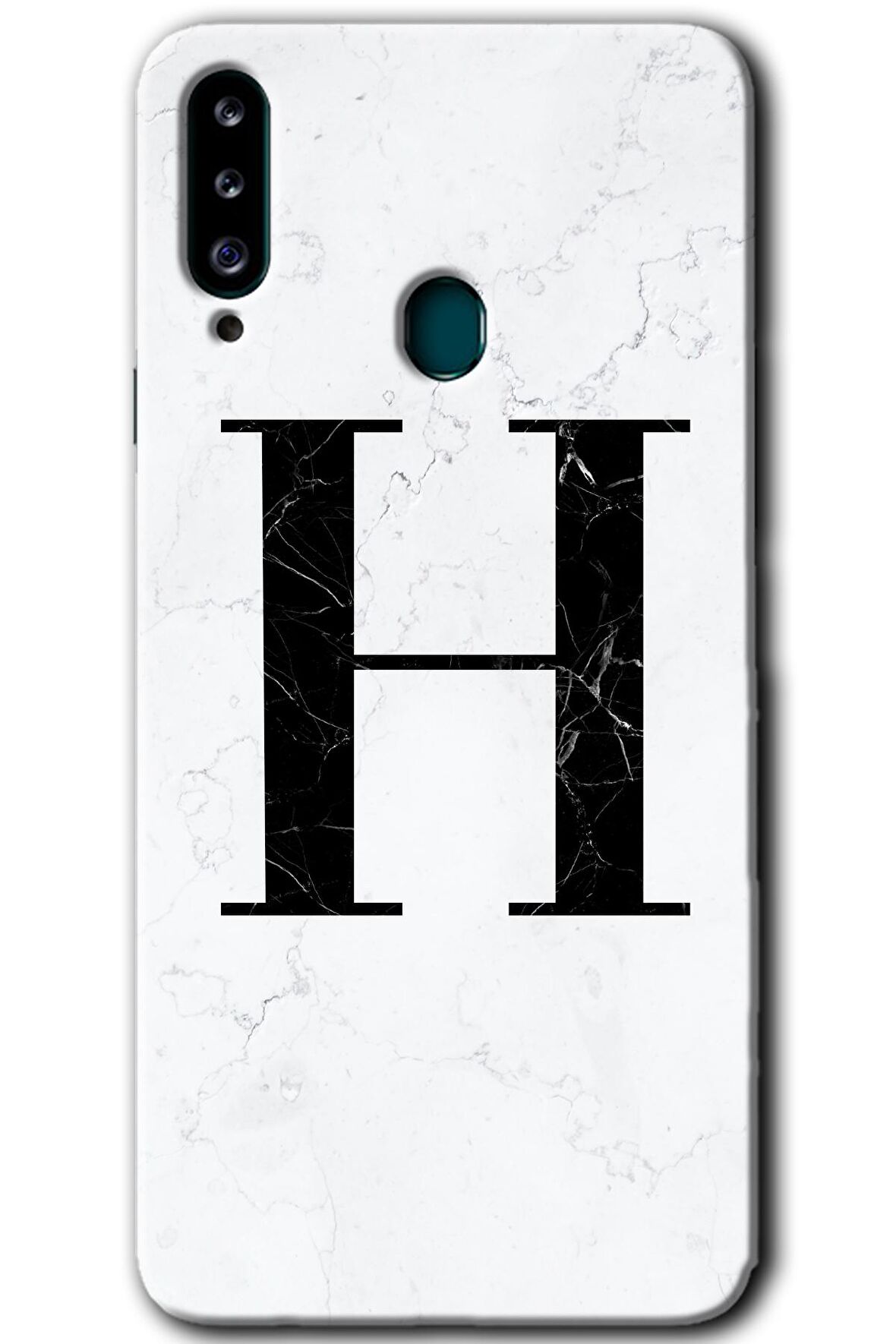 Galaxy A20s Kılıf HD Desen Baskılı Arka Kapak - Beyaz Mermer Desenli H Harfi 