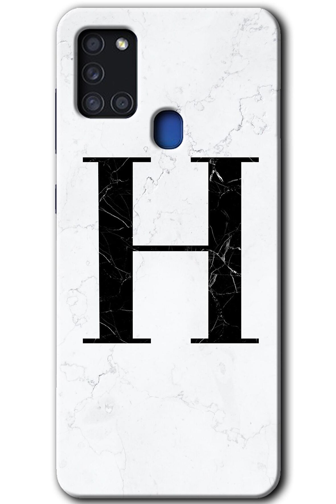 Galaxy A21s Kılıf HD Desen Baskılı Arka Kapak - Beyaz Mermer Desenli H Harfi 