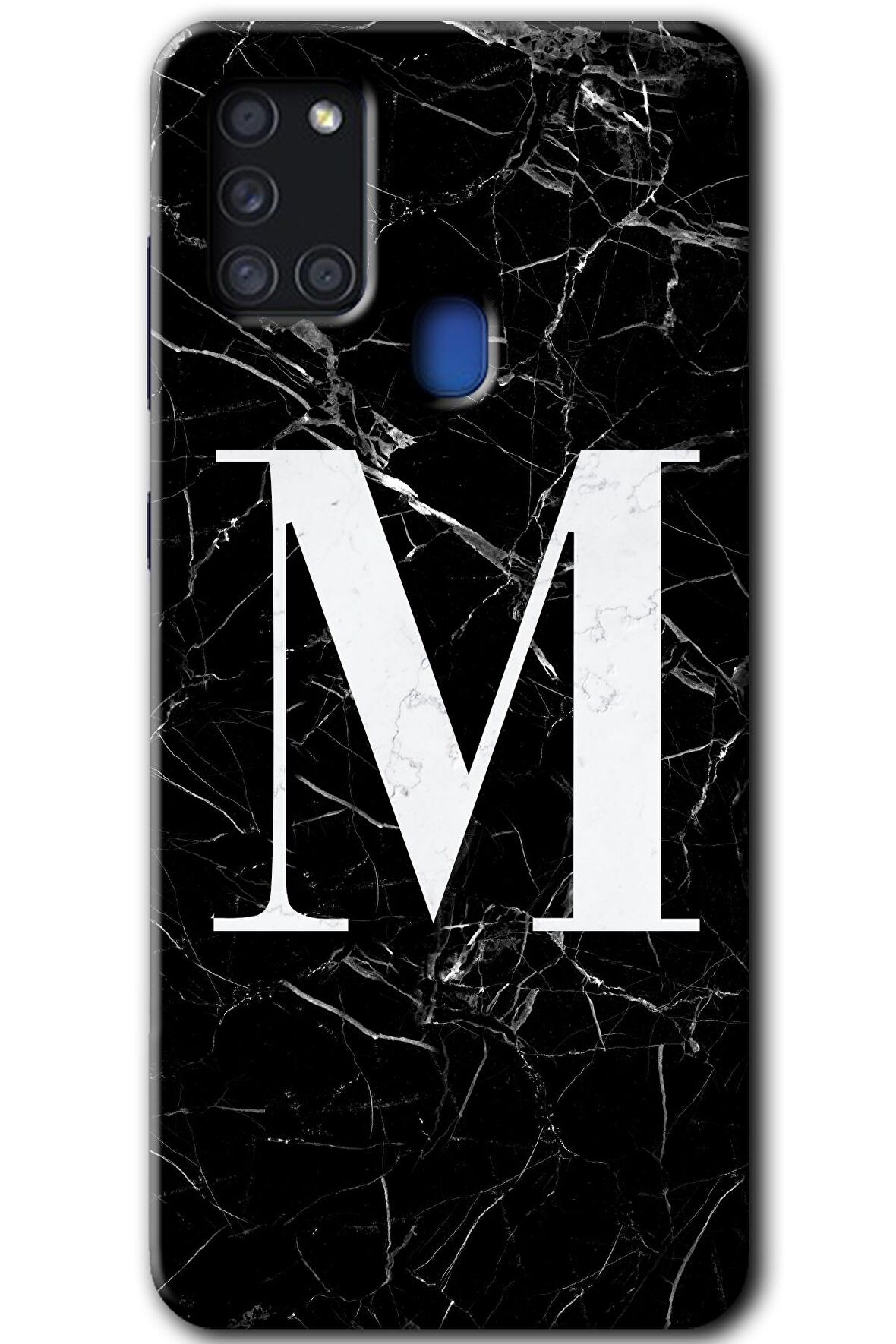 Galaxy A21s Kılıf HD Desen Baskılı Arka Kapak - Siyah Mermer Desenli M Harfi 