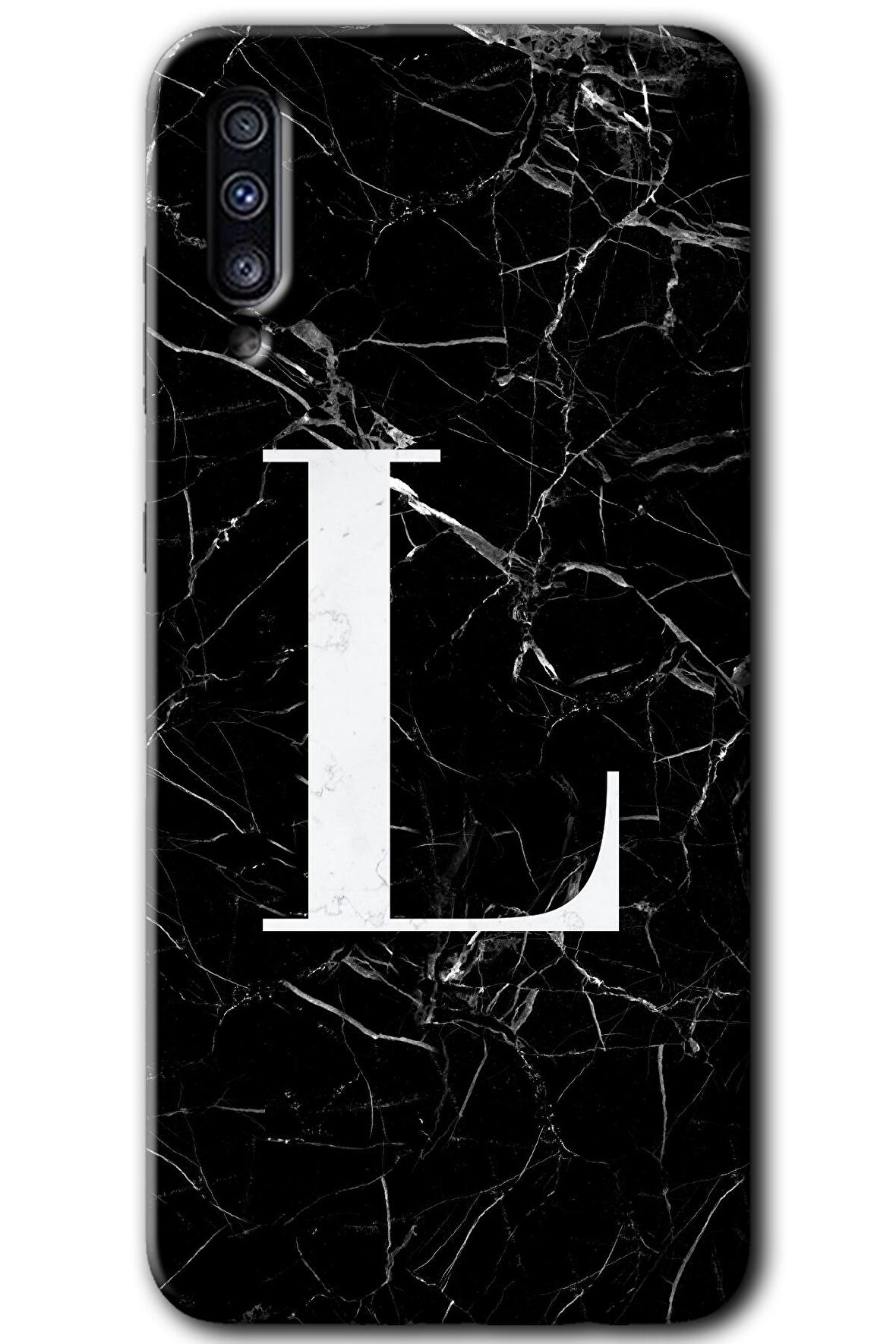 Galaxy A30s Kılıf HD Desen Baskılı Arka Kapak - Siyah Mermer Desenli L Harfi 