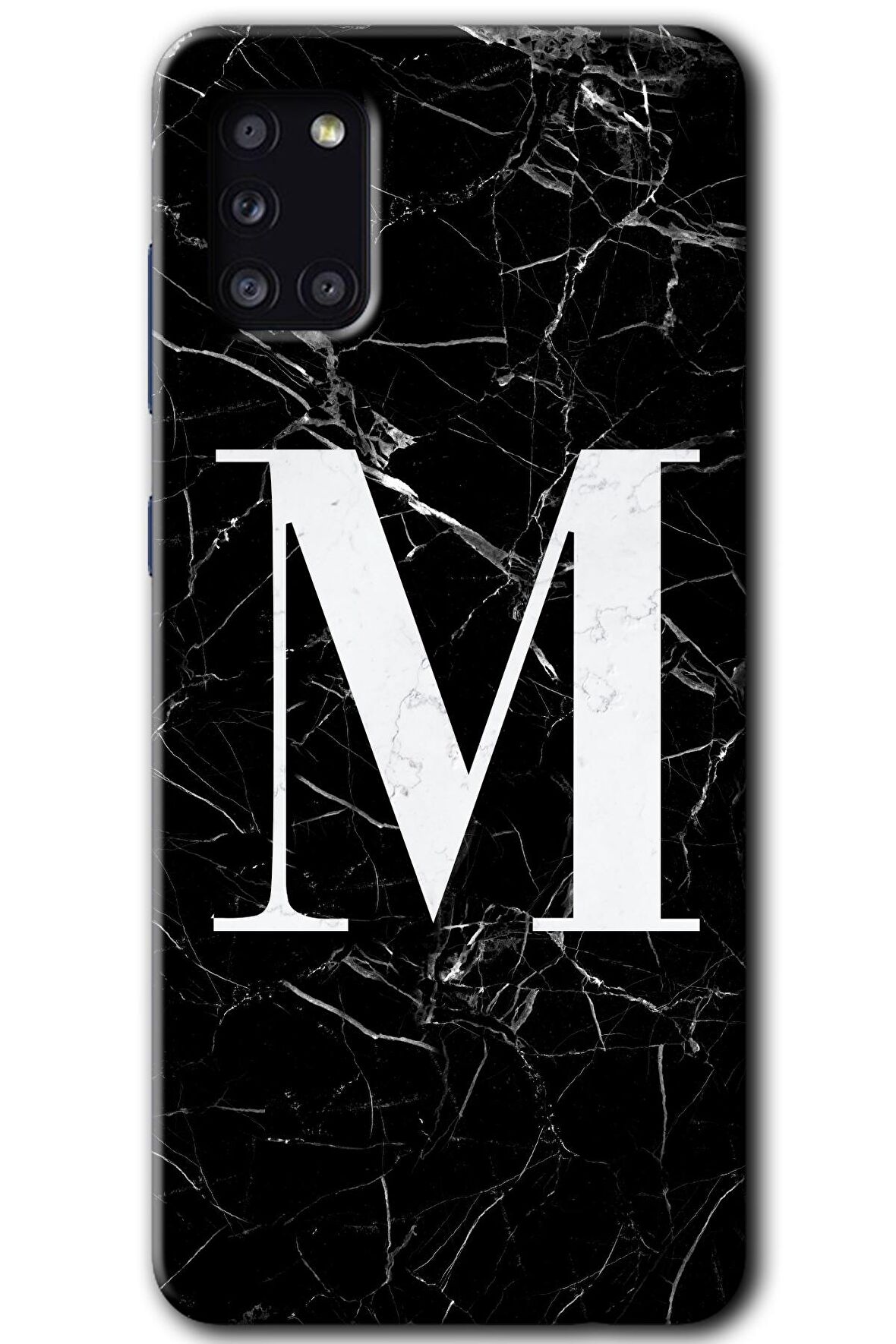 Galaxy A31 Kılıf HD Desen Baskılı Arka Kapak - Siyah Mermer Desenli M Harfi 