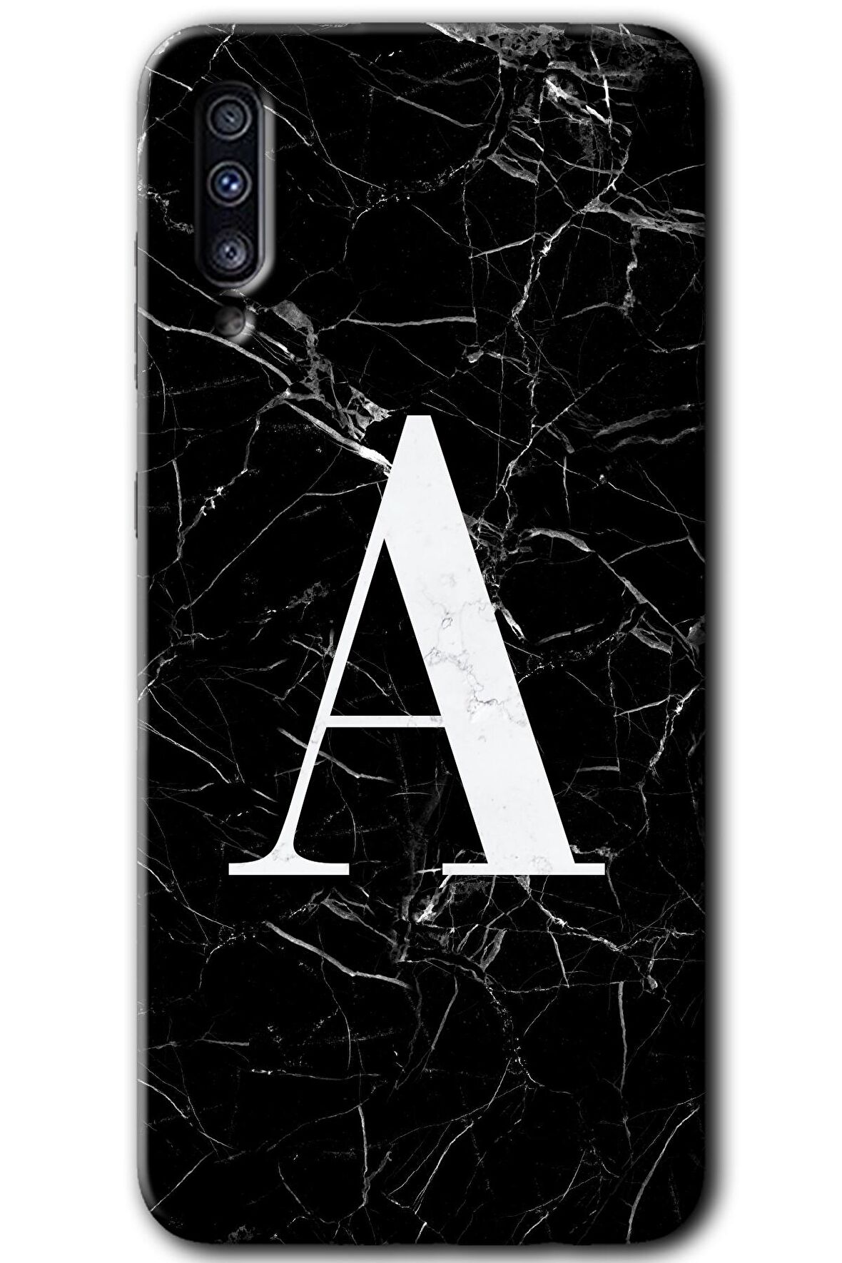 Galaxy A50 Kılıf HD Desen Baskılı Arka Kapak - Siyah Mermer Desenli A Harfi 