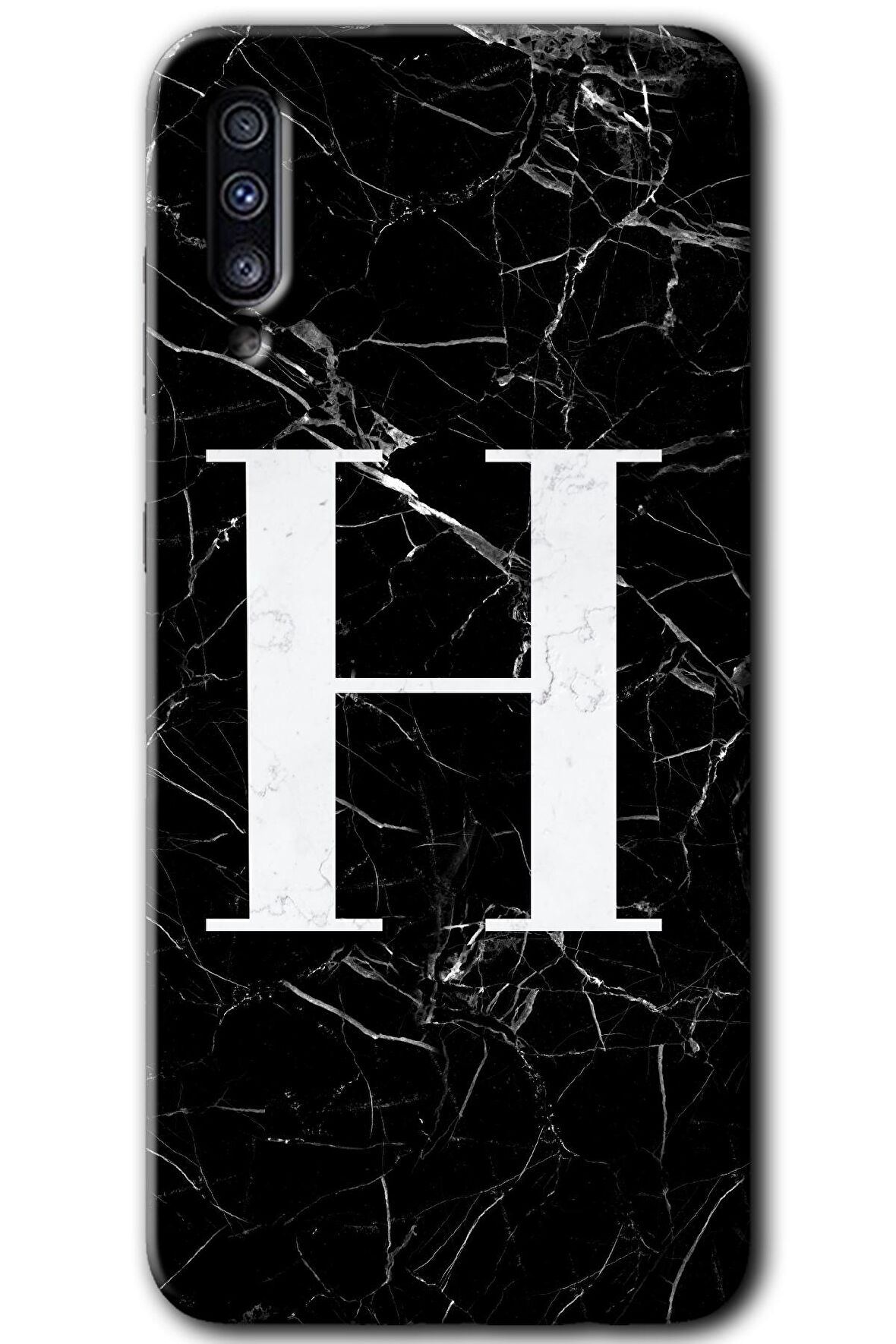 Galaxy A50s Kılıf HD Desen Baskılı Arka Kapak - Siyah Mermer Desenli H Harfi 