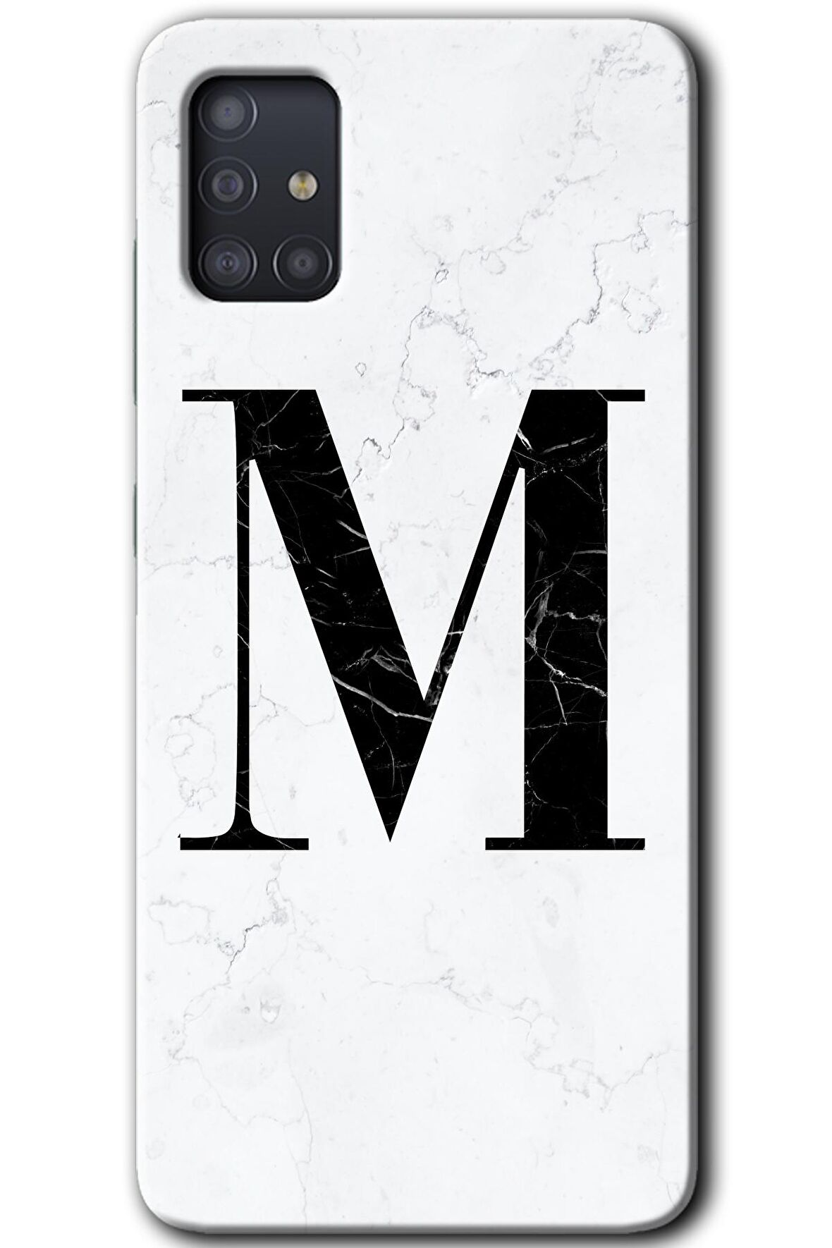 Galaxy A51 Kılıf HD Desen Baskılı Arka Kapak - Beyaz Mermer Desenli M Harfi 