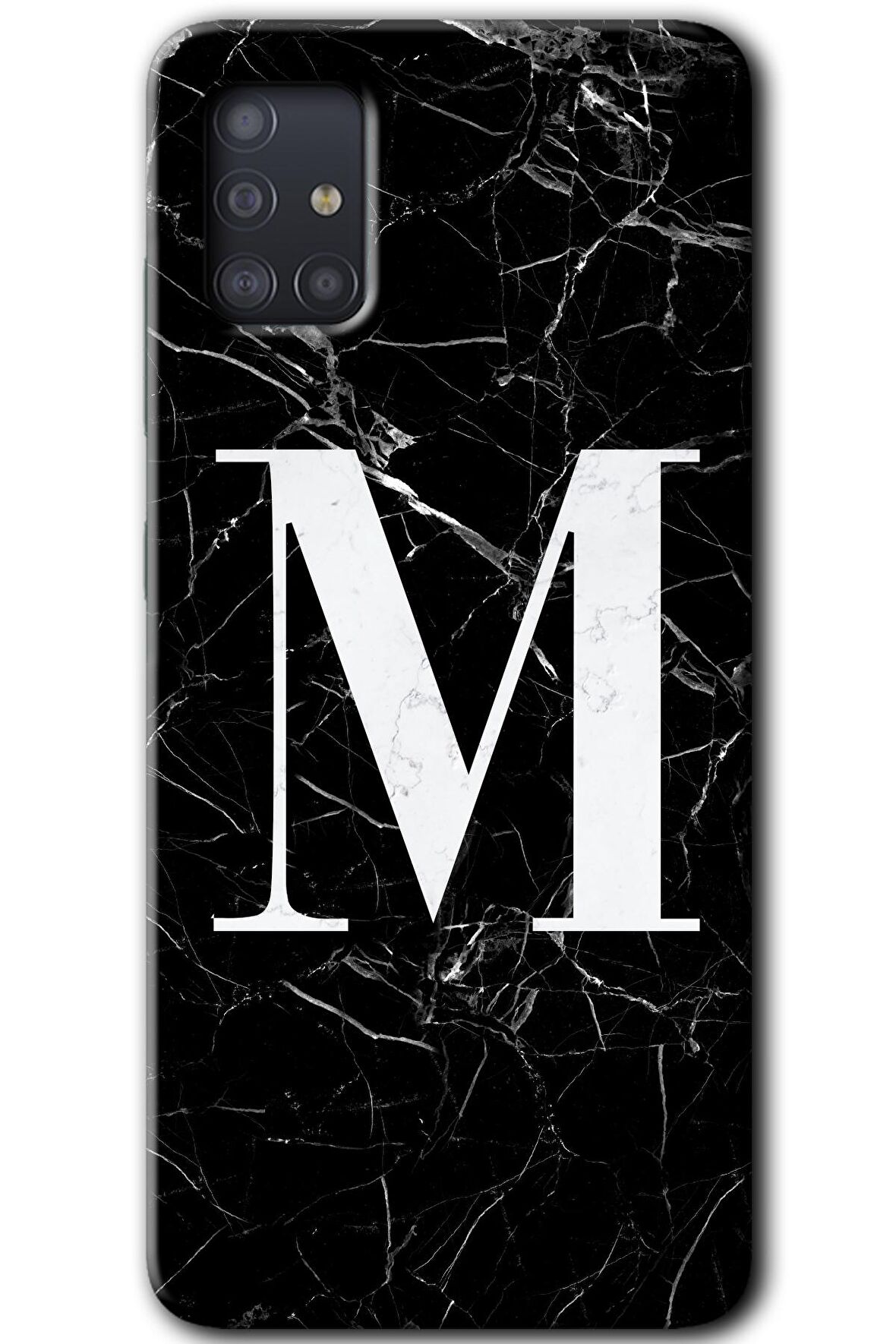 Galaxy A51 Kılıf HD Desen Baskılı Arka Kapak - Siyah Mermer Desenli M Harfi 