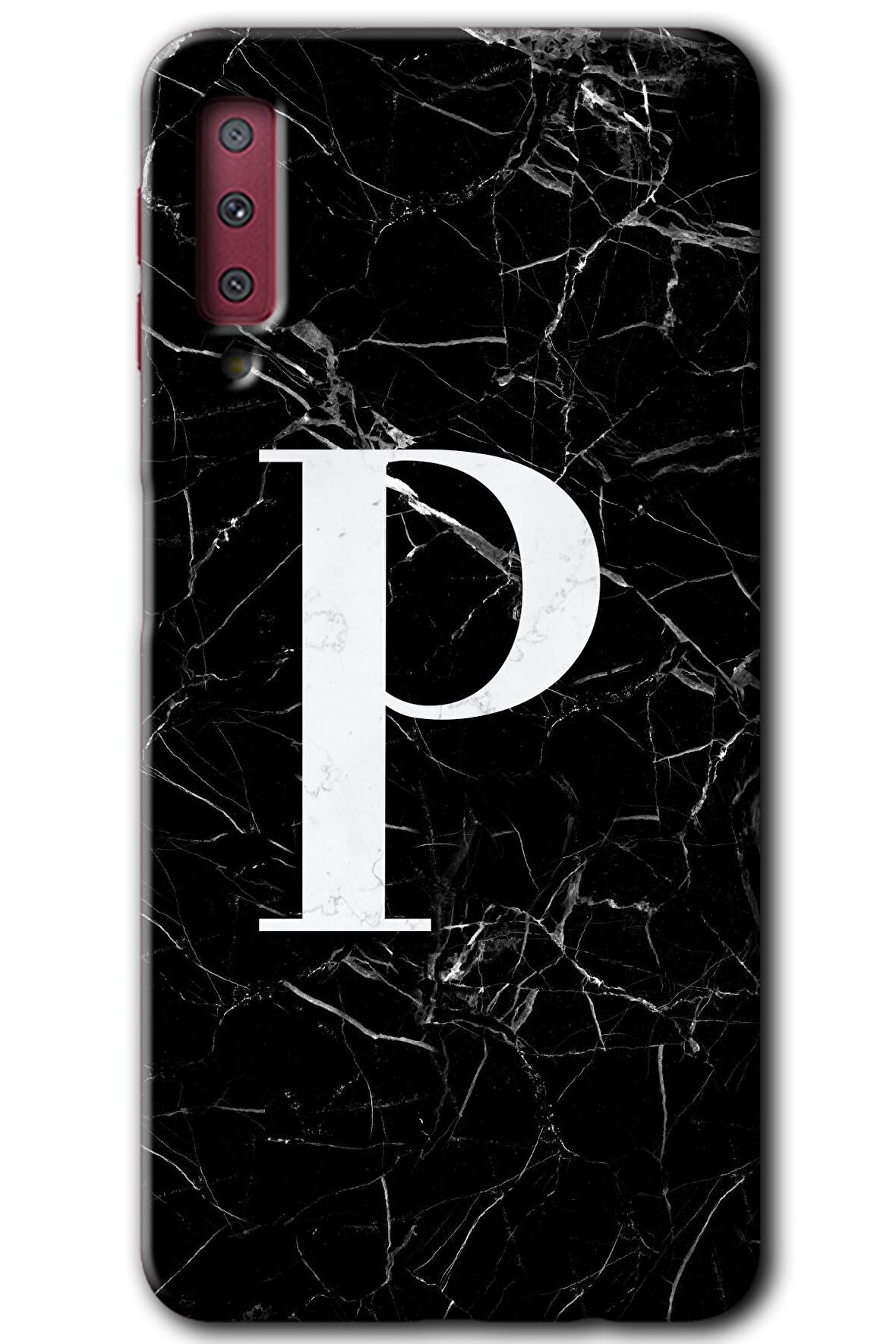 Galaxy A7 2018 Kılıf HD Desen Baskılı Arka Kapak - Siyah Mermer Desenli P Harfi 
