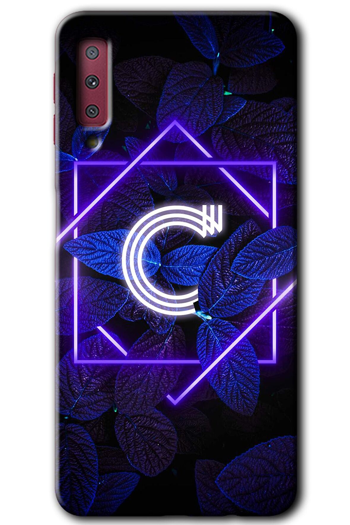 Galaxy A7 2018 Kılıf HD Desen Baskılı Arka Kapak - Dark Neon Yaprak C Harfi 