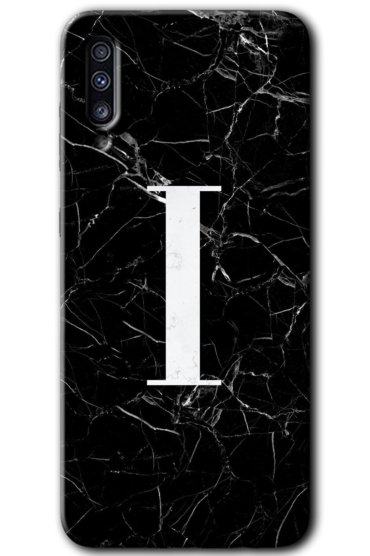 Galaxy A70 Kılıf HD Desen Baskılı Arka Kapak - Siyah Mermer Desenli I Harfi 