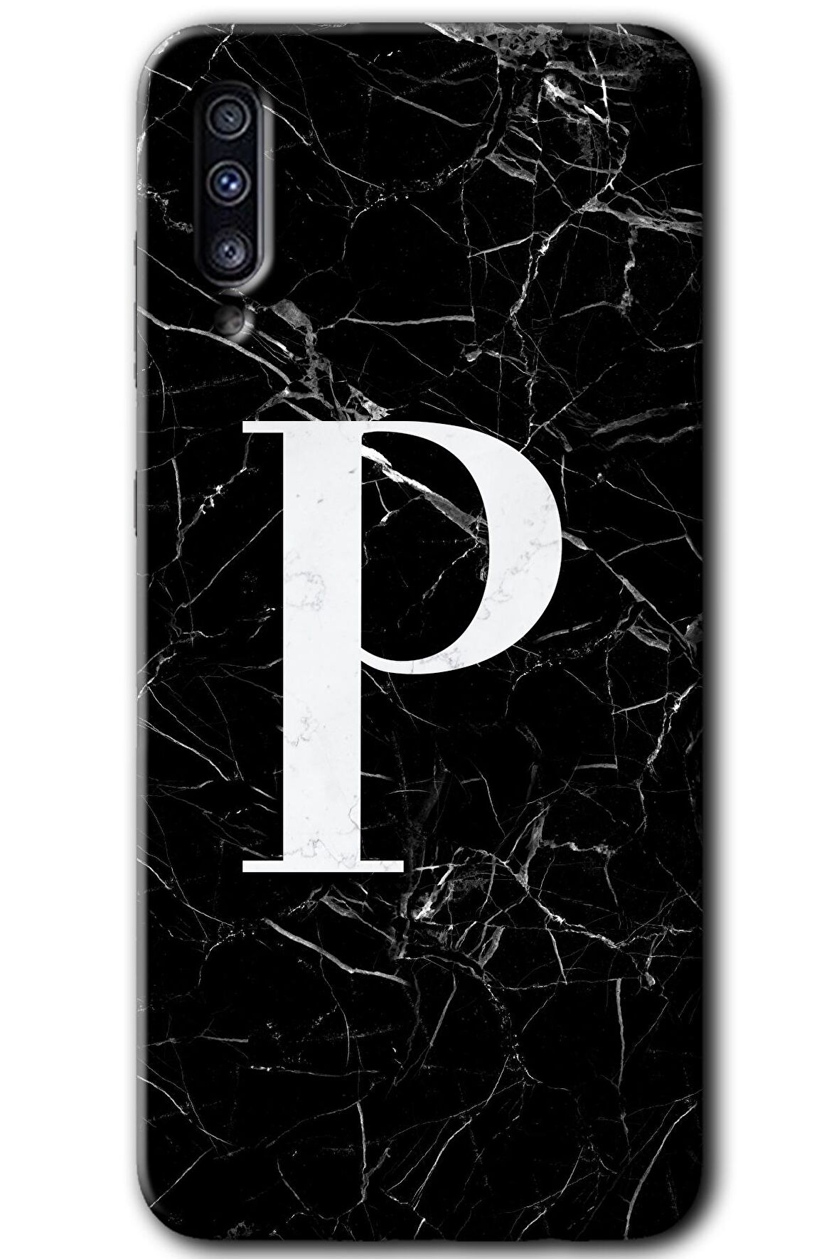 Galaxy A70 Kılıf HD Desen Baskılı Arka Kapak - Siyah Mermer Desenli P Harfi 