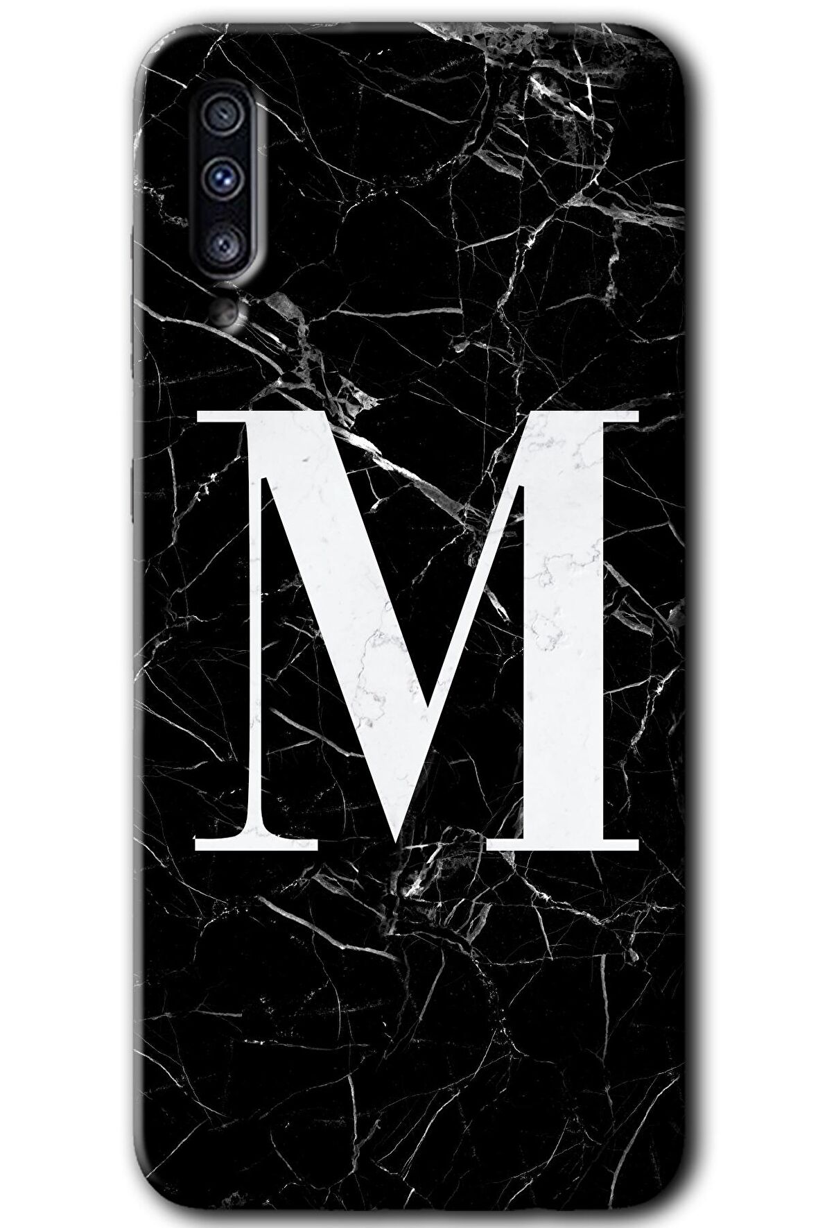 Galaxy A70s Kılıf HD Desen Baskılı Arka Kapak - Siyah Mermer Desenli M Harfi 