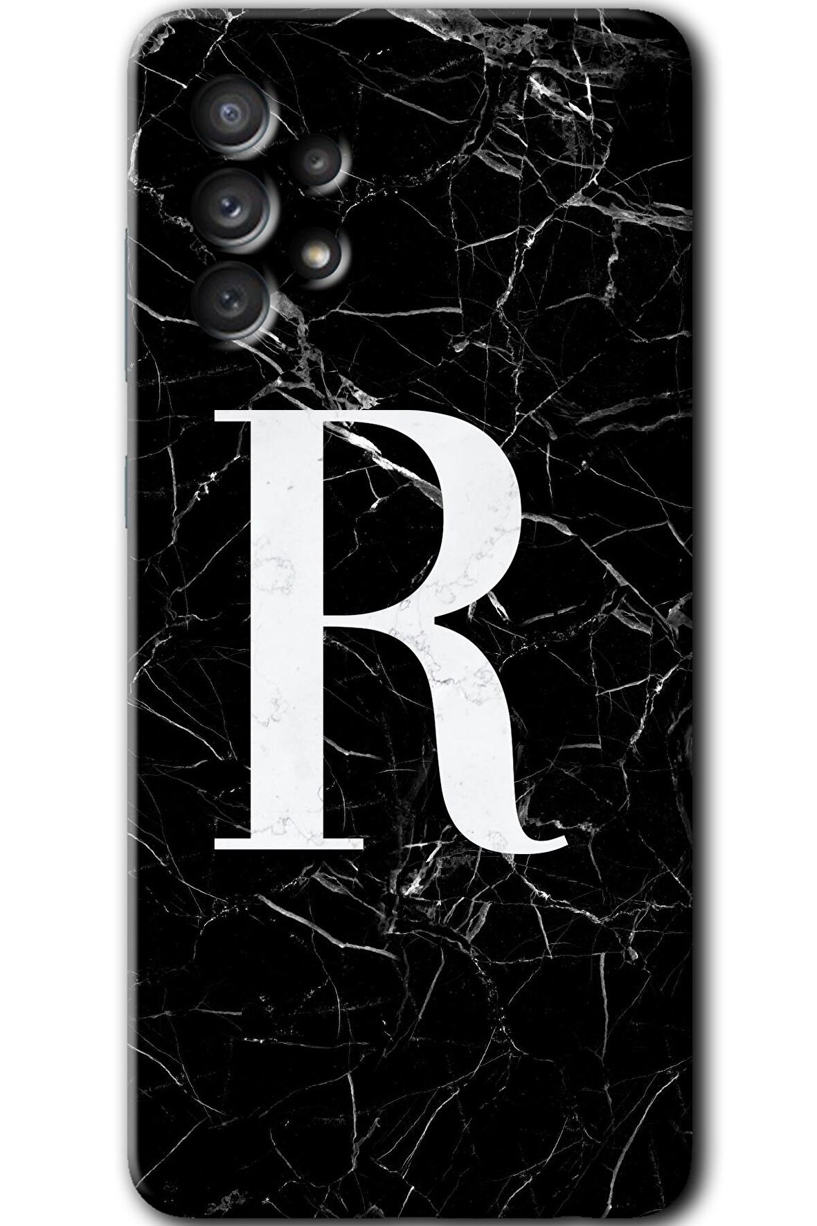 Galaxy A72 Kılıf HD Desen Baskılı Arka Kapak - Siyah Mermer Desenli R Harfi 
