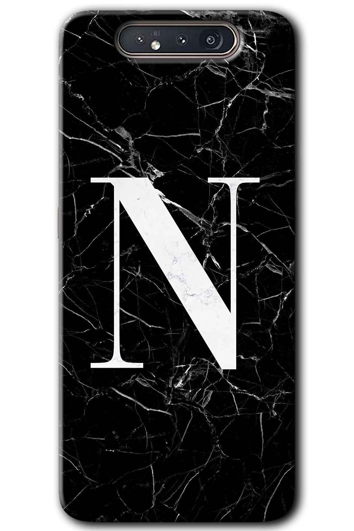 Galaxy A80 Kılıf HD Desen Baskılı Arka Kapak - Siyah Mermer Desenli N Harfi 