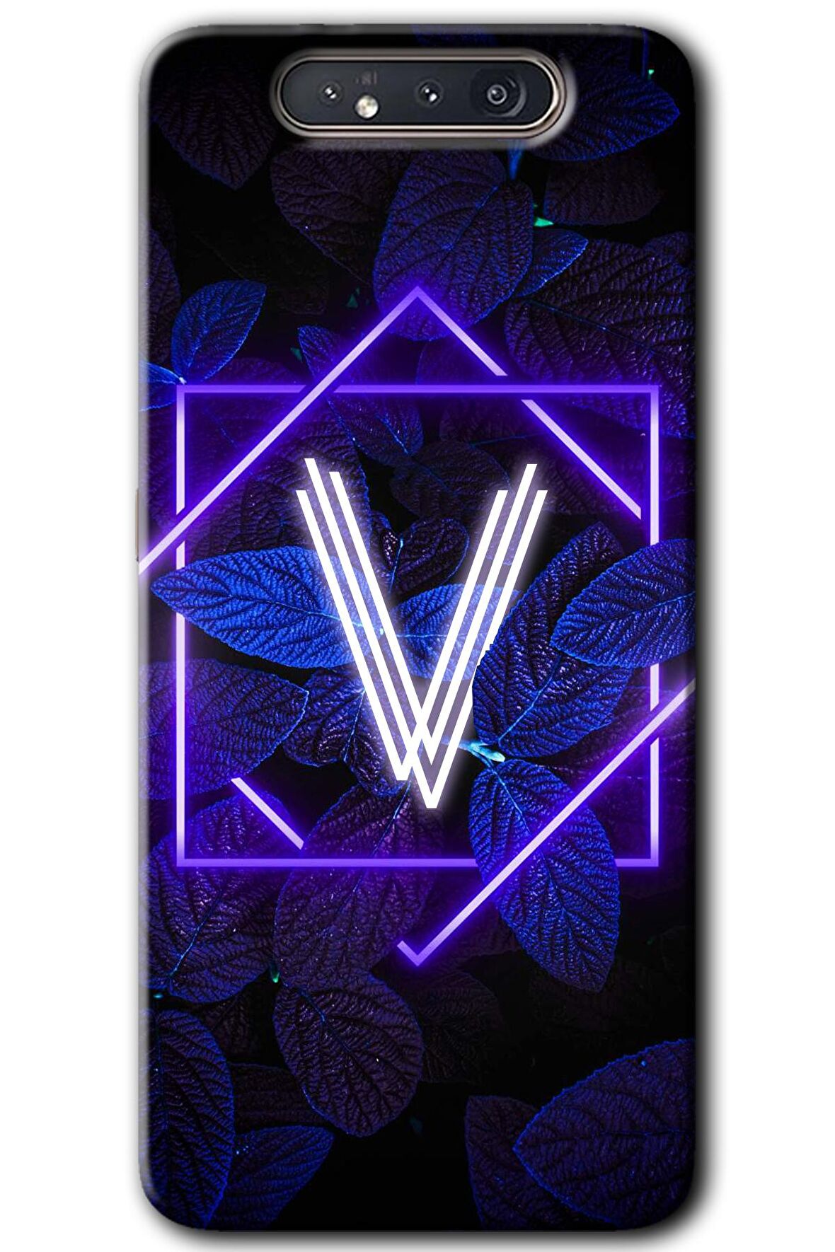 Galaxy A80 Kılıf HD Desen Baskılı Arka Kapak - Dark Neon Yaprak V Harfi 