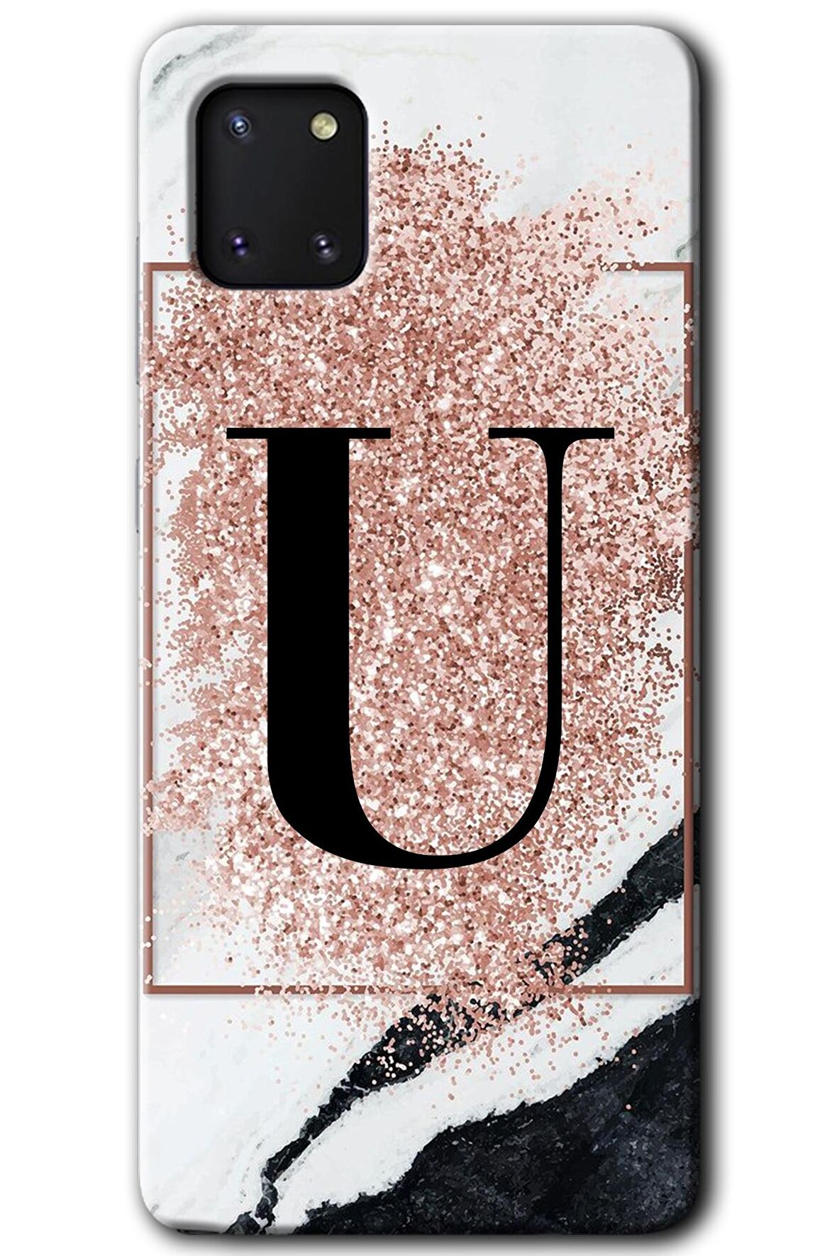 Galaxy A81 Kılıf HD Desen Baskılı Arka Kapak - Pembe Mermer Desenli U Harfi 