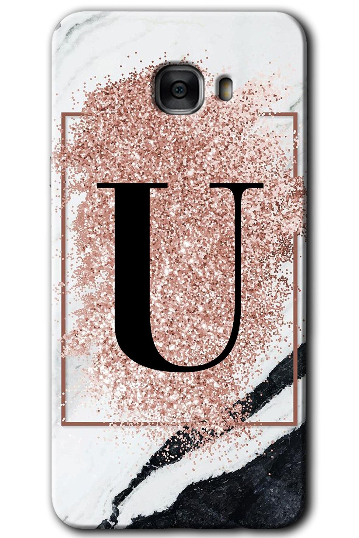 Galaxy C7 Kılıf HD Desen Baskılı Arka Kapak - Pembe Mermer Desenli U Harfi 
