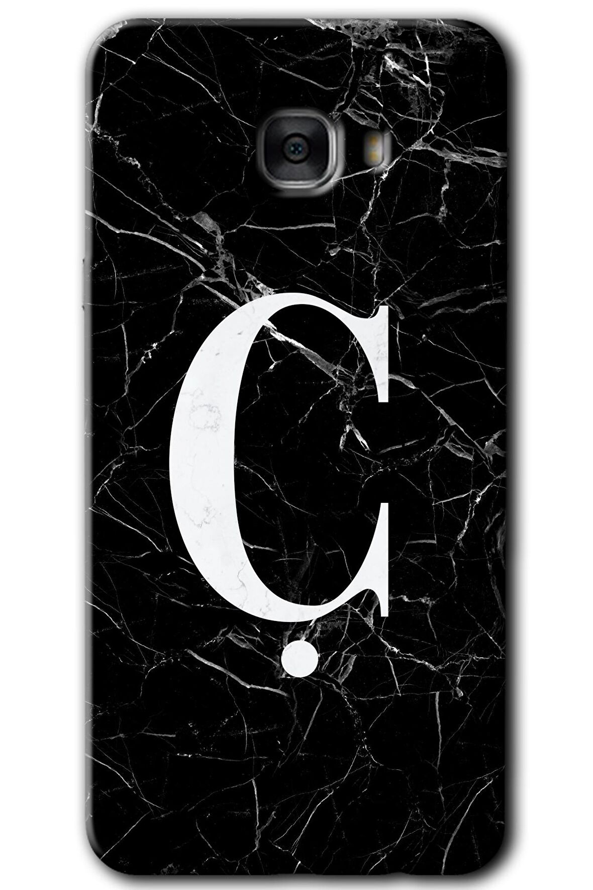 Galaxy C7 Kılıf HD Desen Baskılı Arka Kapak - Siyah Mermer Desenli Ç Harfi 
