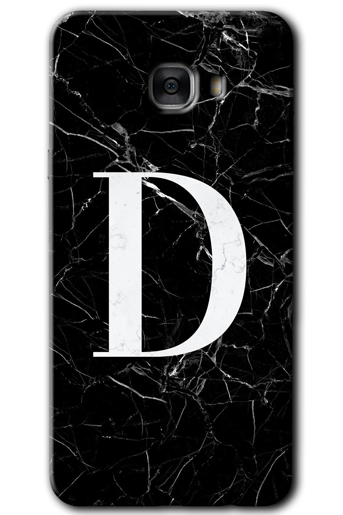 Galaxy C7 Kılıf HD Desen Baskılı Arka Kapak - Siyah Mermer Desenli D Harfi 