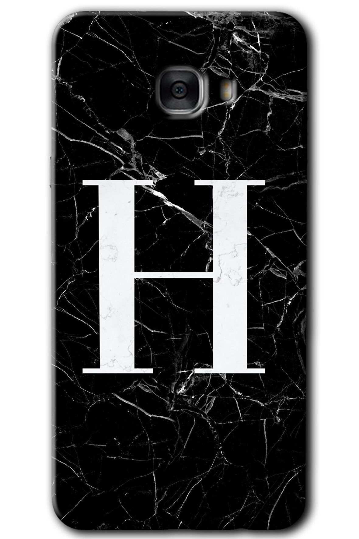 Galaxy C7 Kılıf HD Desen Baskılı Arka Kapak - Siyah Mermer Desenli H Harfi 