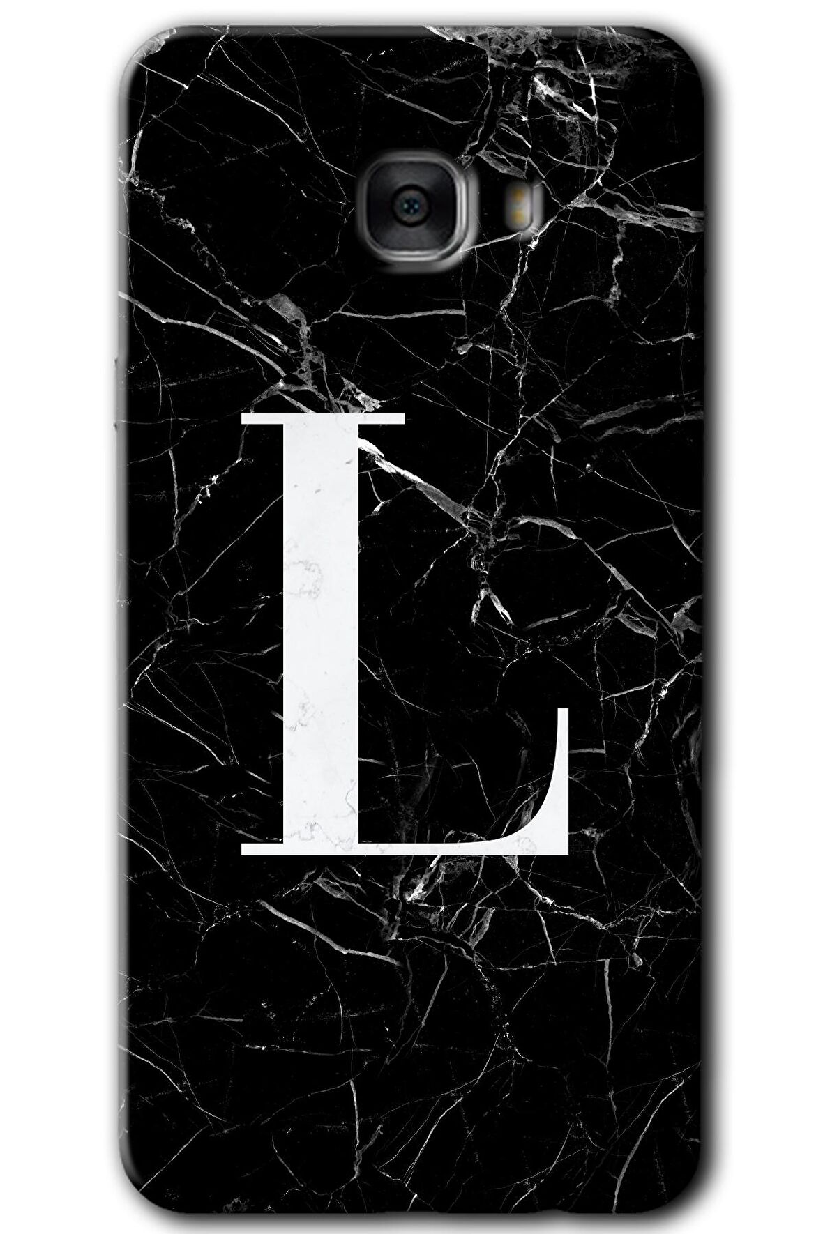 Galaxy C7 Kılıf HD Desen Baskılı Arka Kapak - Siyah Mermer Desenli L Harfi 