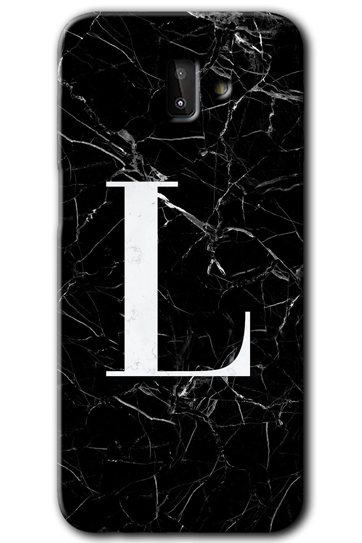 Galaxy J8 Kılıf HD Desen Baskılı Arka Kapak - Siyah Mermer Desenli L Harfi 