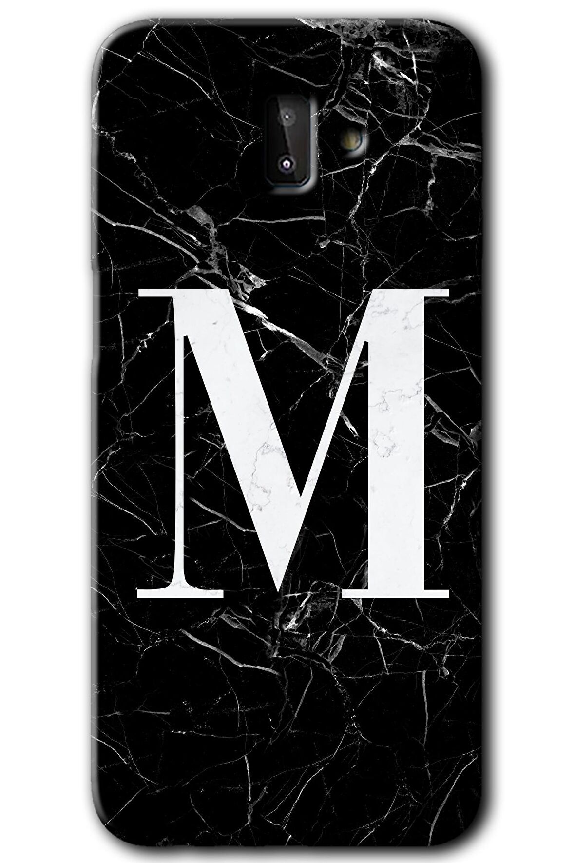 Galaxy J8 Kılıf HD Desen Baskılı Arka Kapak - Siyah Mermer Desenli M Harfi 