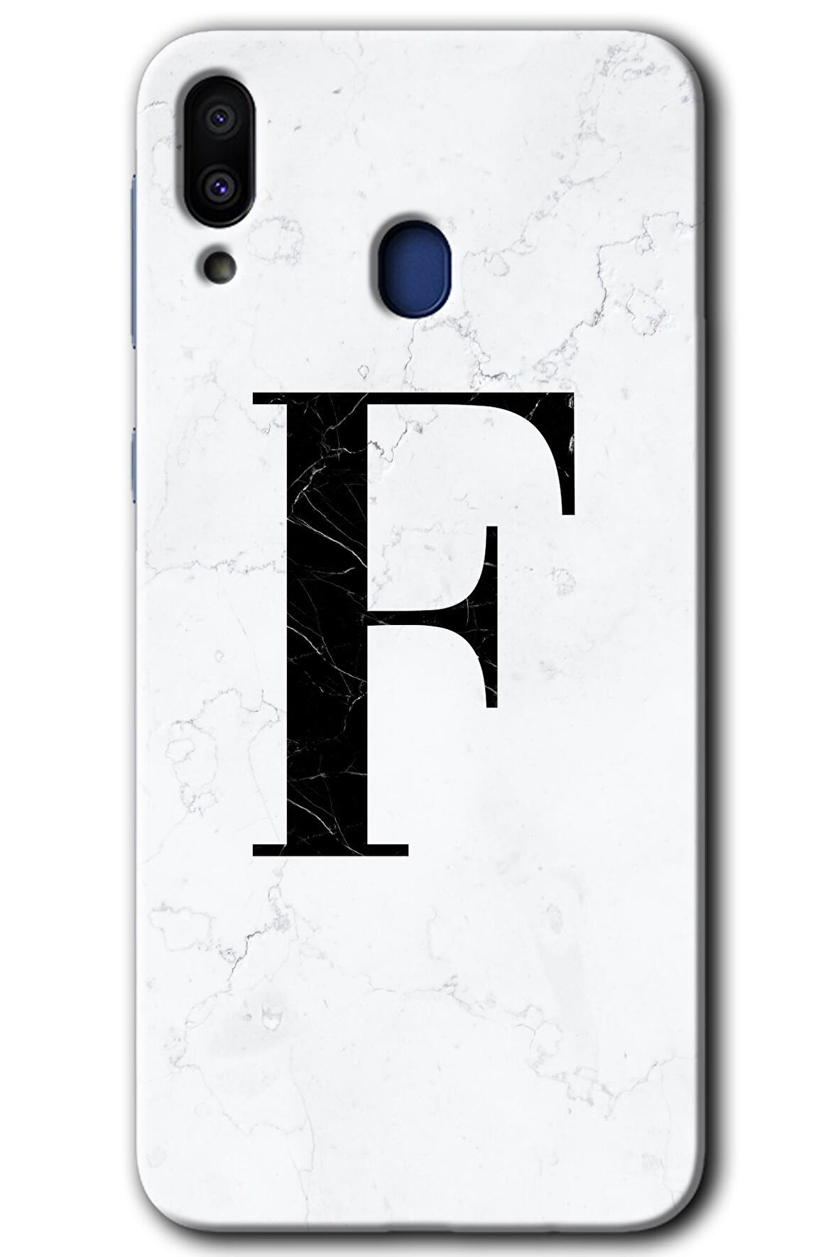 Galaxy M10 Kılıf HD Desen Baskılı Arka Kapak - Beyaz Mermer Desenli F Harfi 