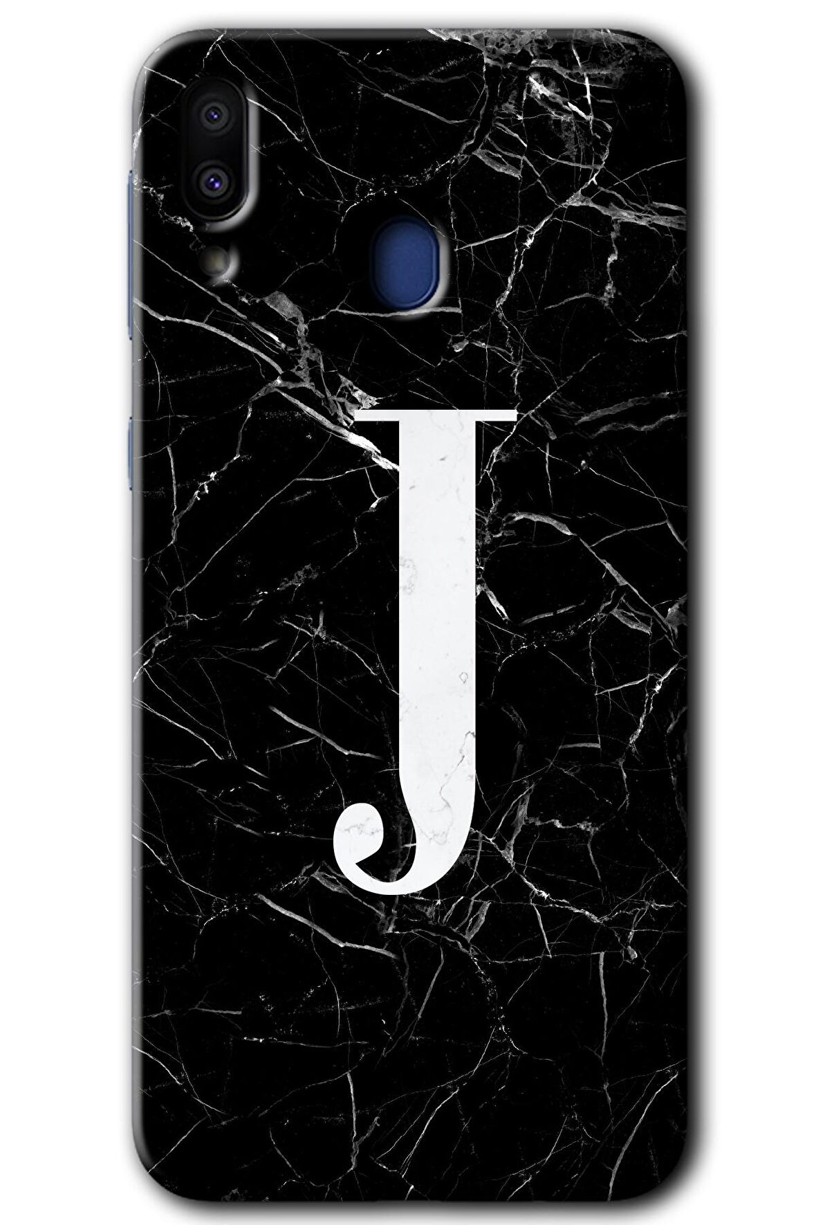 Galaxy M10 Kılıf HD Desen Baskılı Arka Kapak - Siyah Mermer Desenli J Harfi 