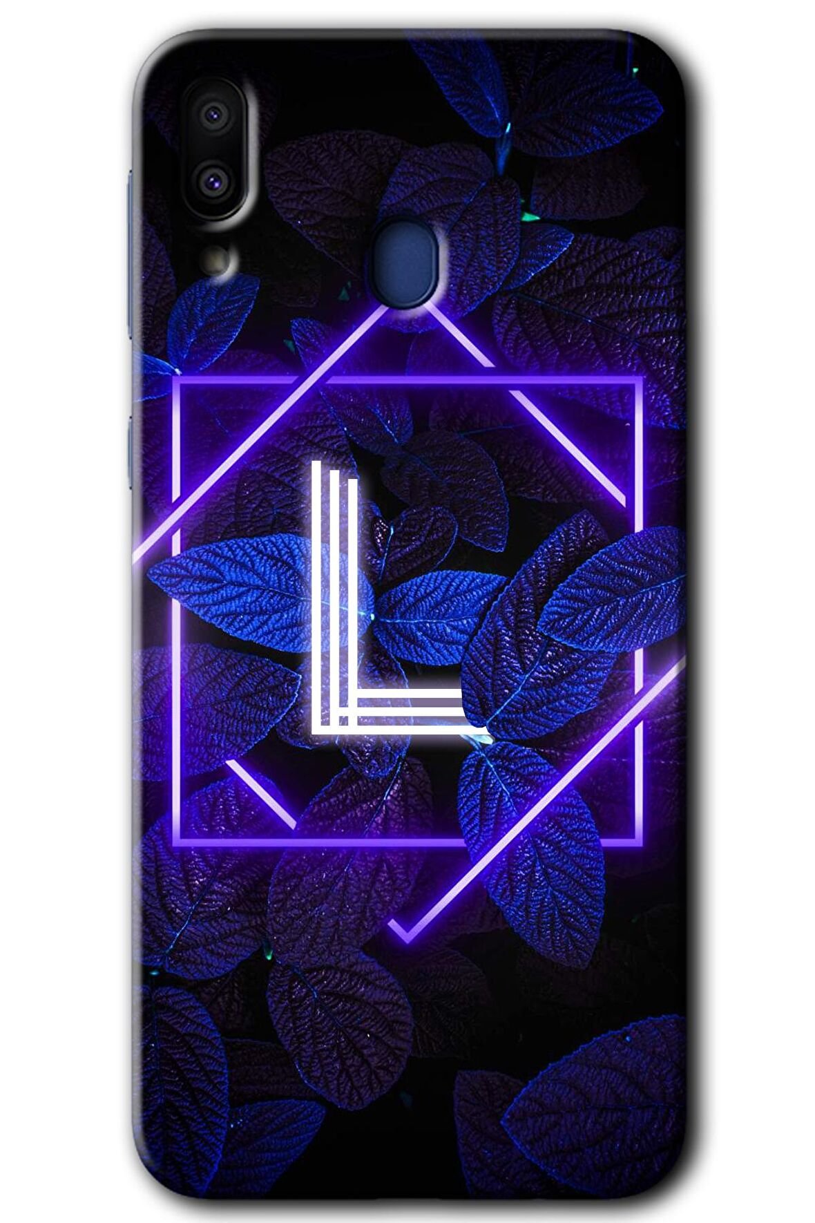 Galaxy M10 Kılıf HD Desen Baskılı Arka Kapak - Dark Neon Yaprak L Harfi 