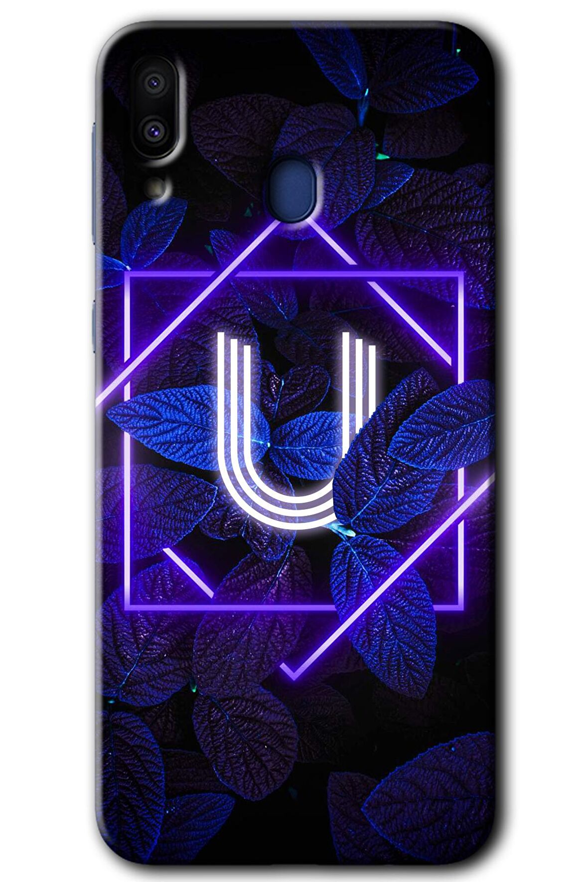 Galaxy M10 Kılıf HD Desen Baskılı Arka Kapak - Dark Neon Yaprak U Harfi 