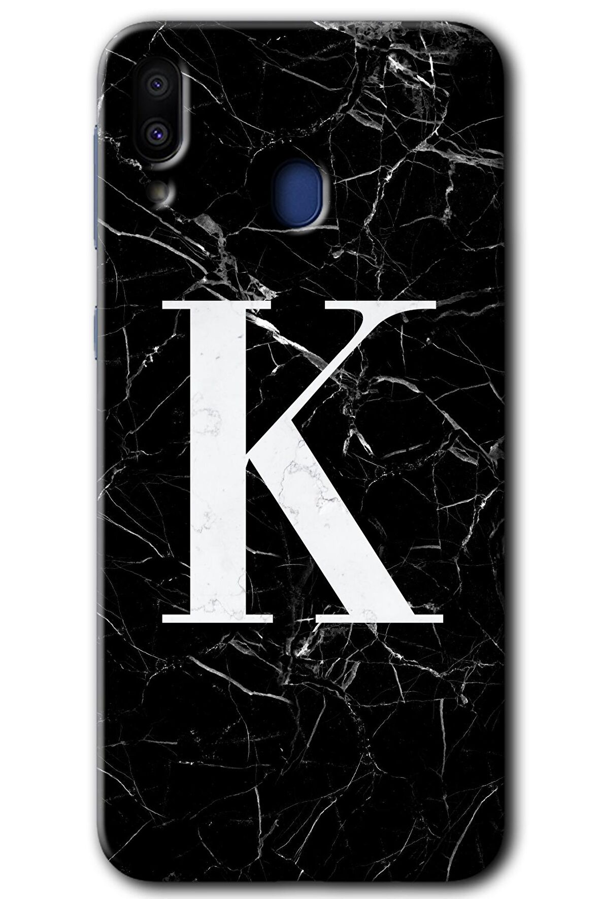 Galaxy M20 Kılıf HD Desen Baskılı Arka Kapak - Siyah Mermer Desenli K Harfi 