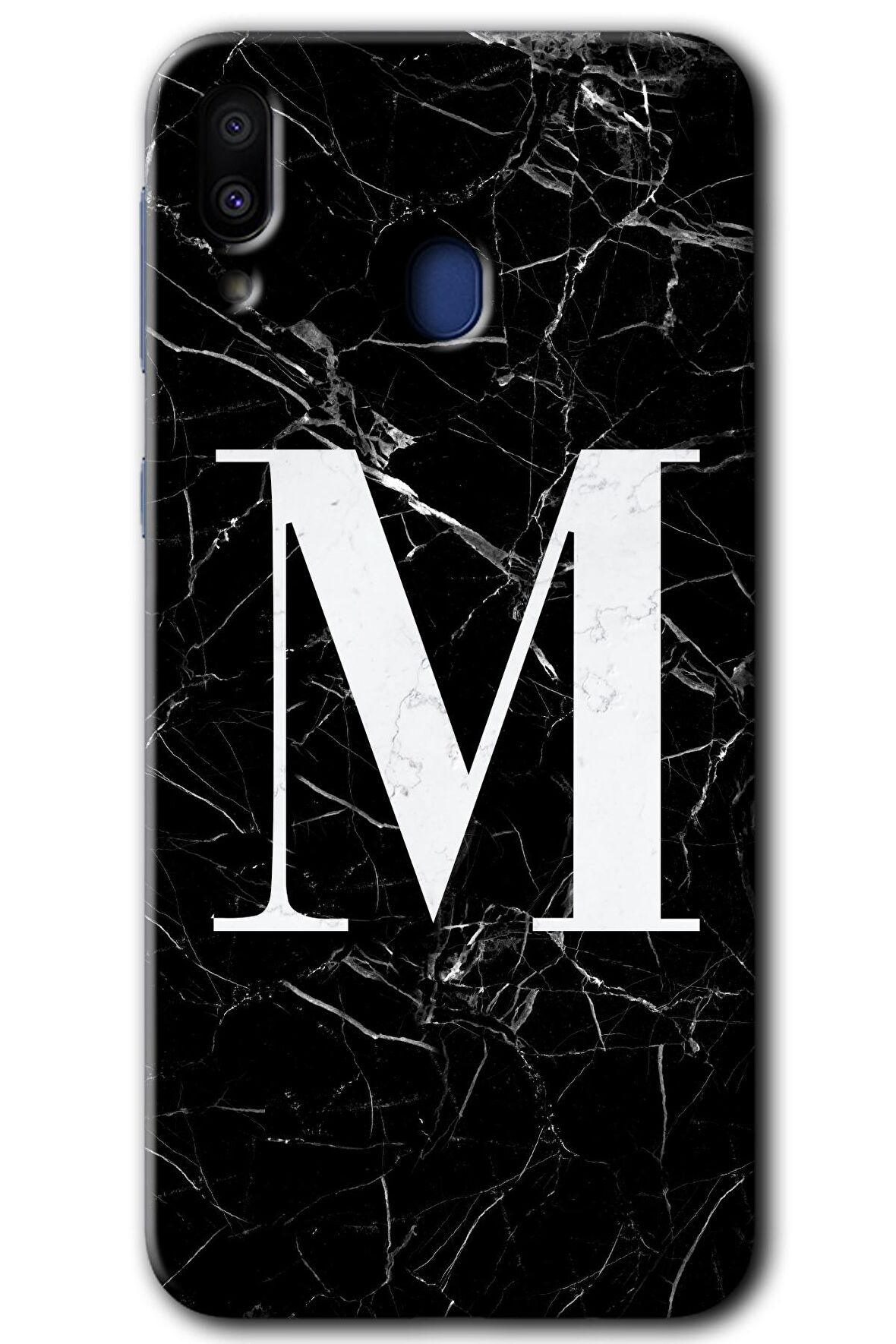 Galaxy M20 Kılıf HD Desen Baskılı Arka Kapak - Siyah Mermer Desenli M Harfi 