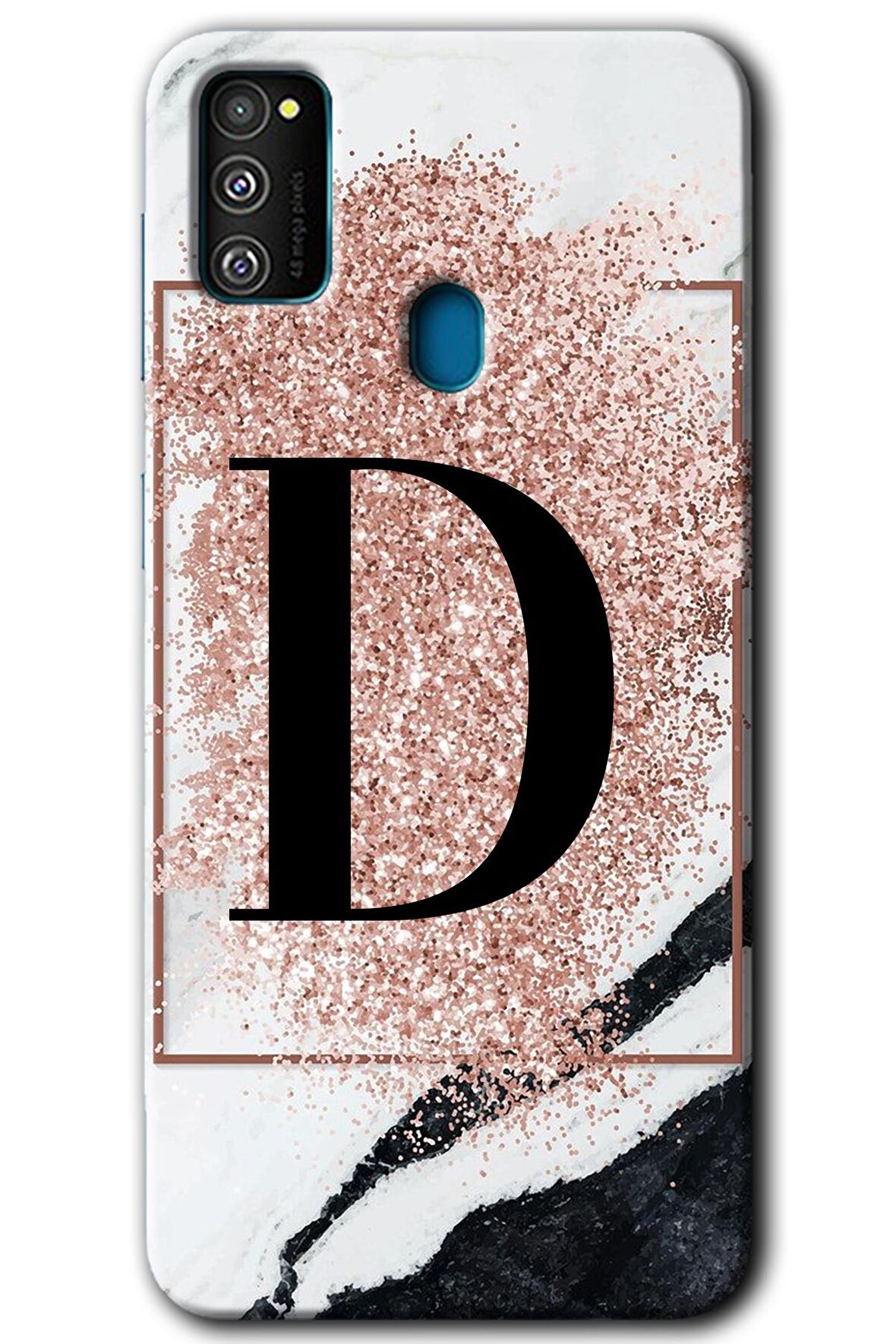 Galaxy M21 Kılıf HD Desen Baskılı Arka Kapak - Pembe Mermer Desenli D Harfi 