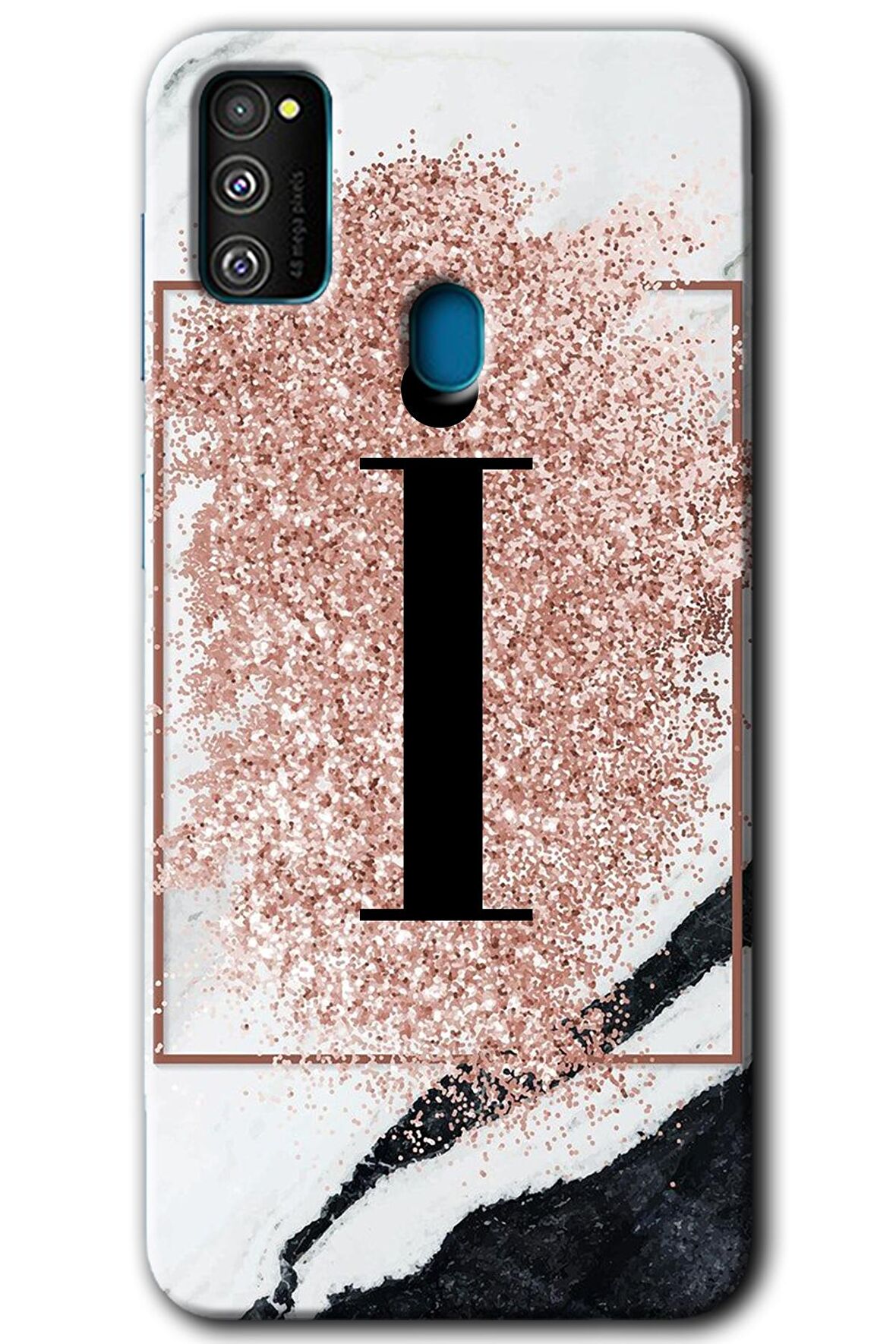 Galaxy M21 Kılıf HD Desen Baskılı Arka Kapak - Pembe Mermer Desenli İ Harfi 