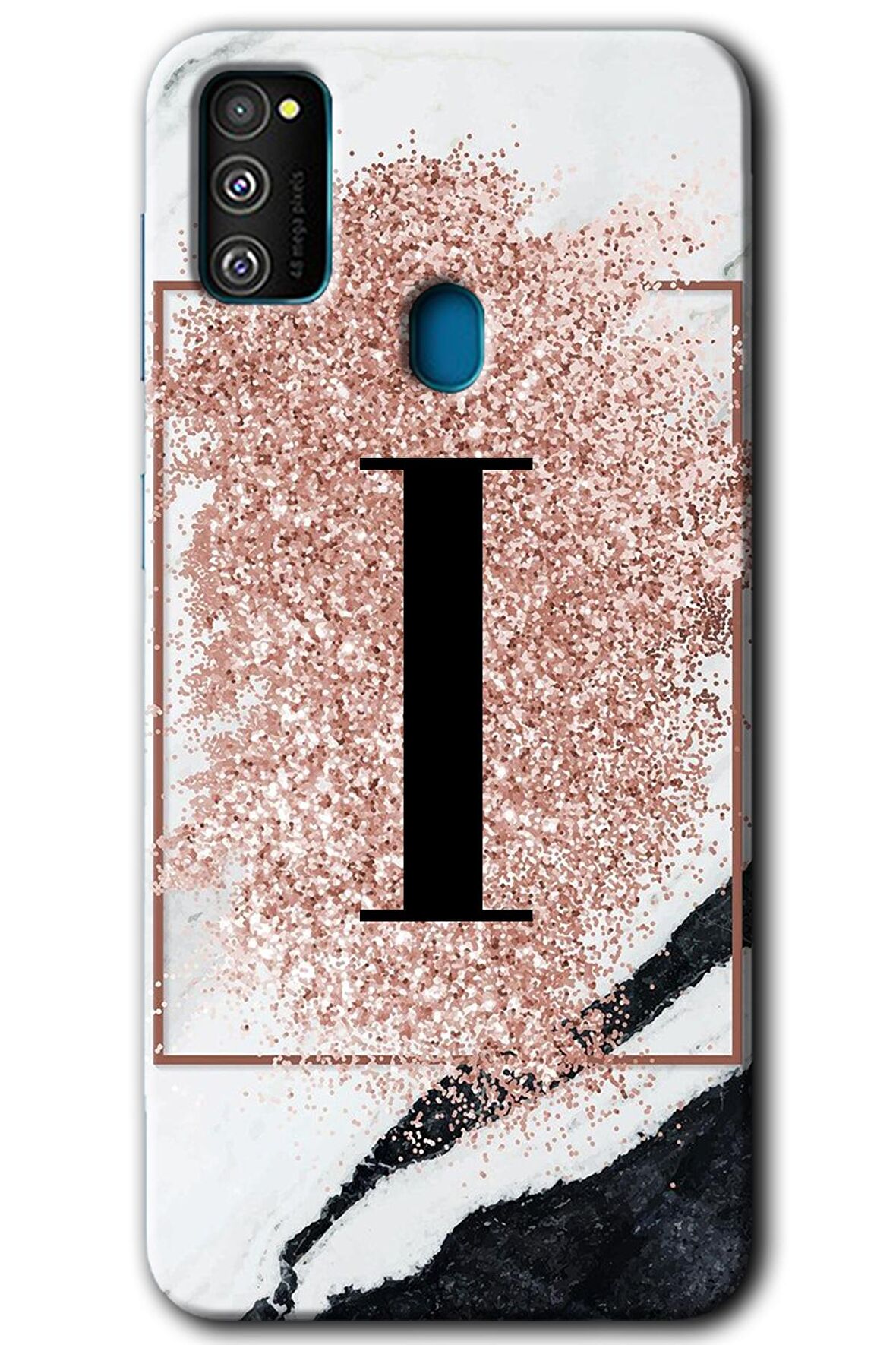 Galaxy M21 Kılıf HD Desen Baskılı Arka Kapak - Pembe Mermer Desenli I Harfi 