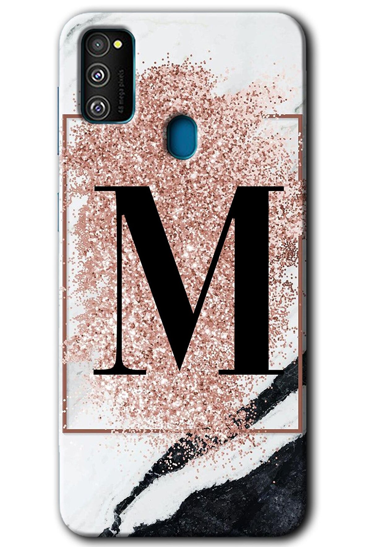 Galaxy M21 Kılıf HD Desen Baskılı Arka Kapak - Pembe Mermer Desenli M Harfi 
