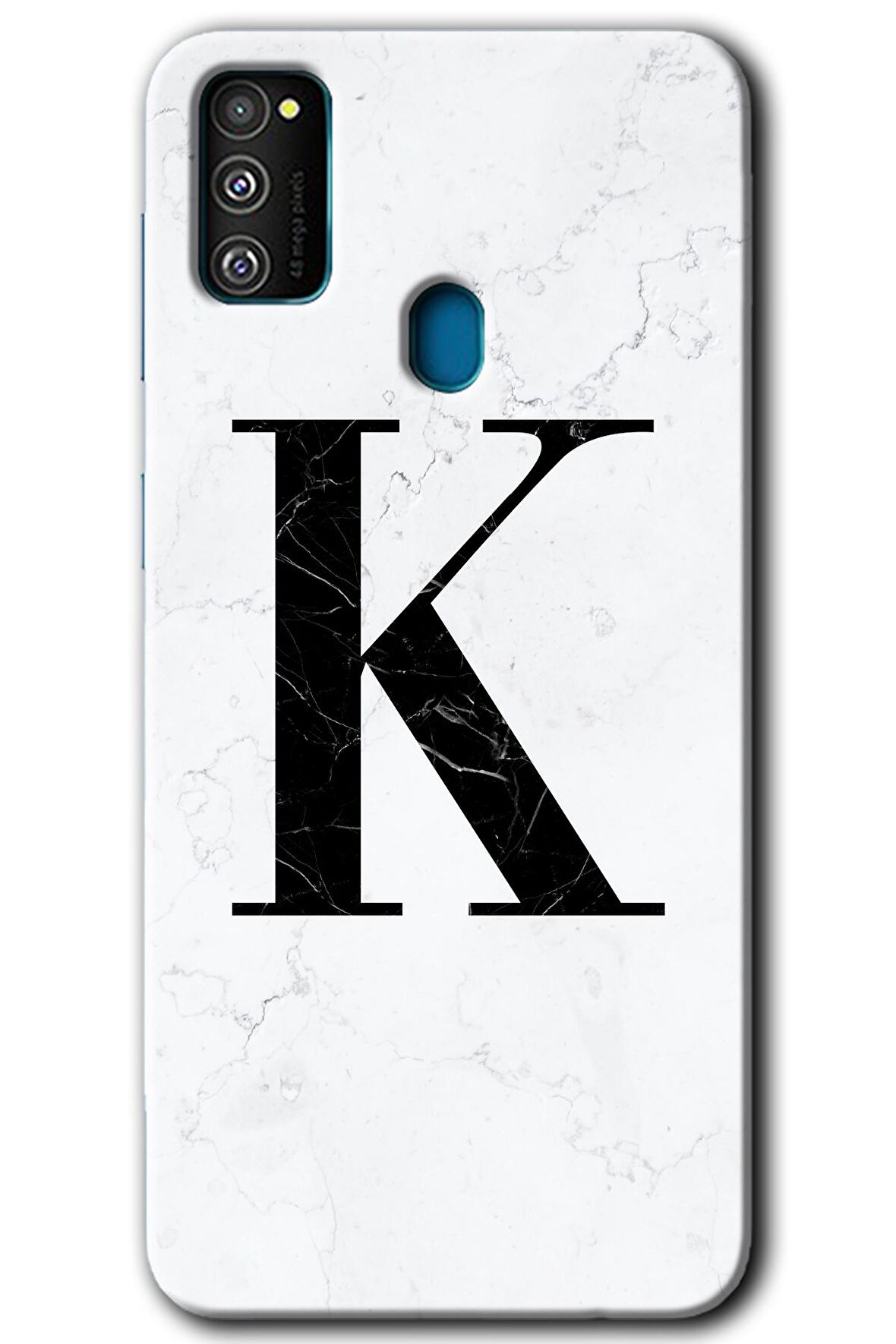 Galaxy M21 Kılıf HD Desen Baskılı Arka Kapak - Beyaz Mermer Desenli K Harfi 
